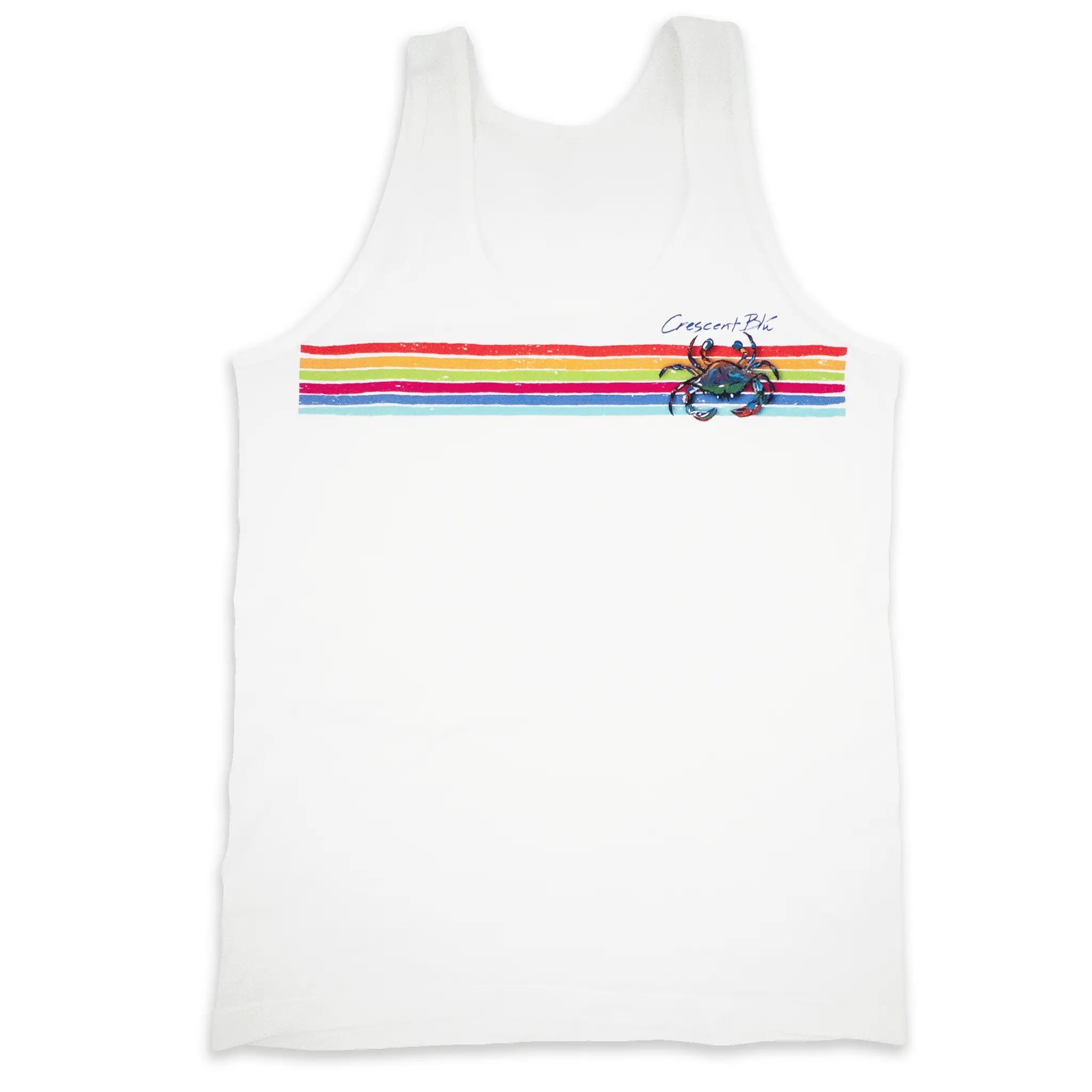The front of a white unisex tank top with a retro stripe on the front and a signature crab on the left chest