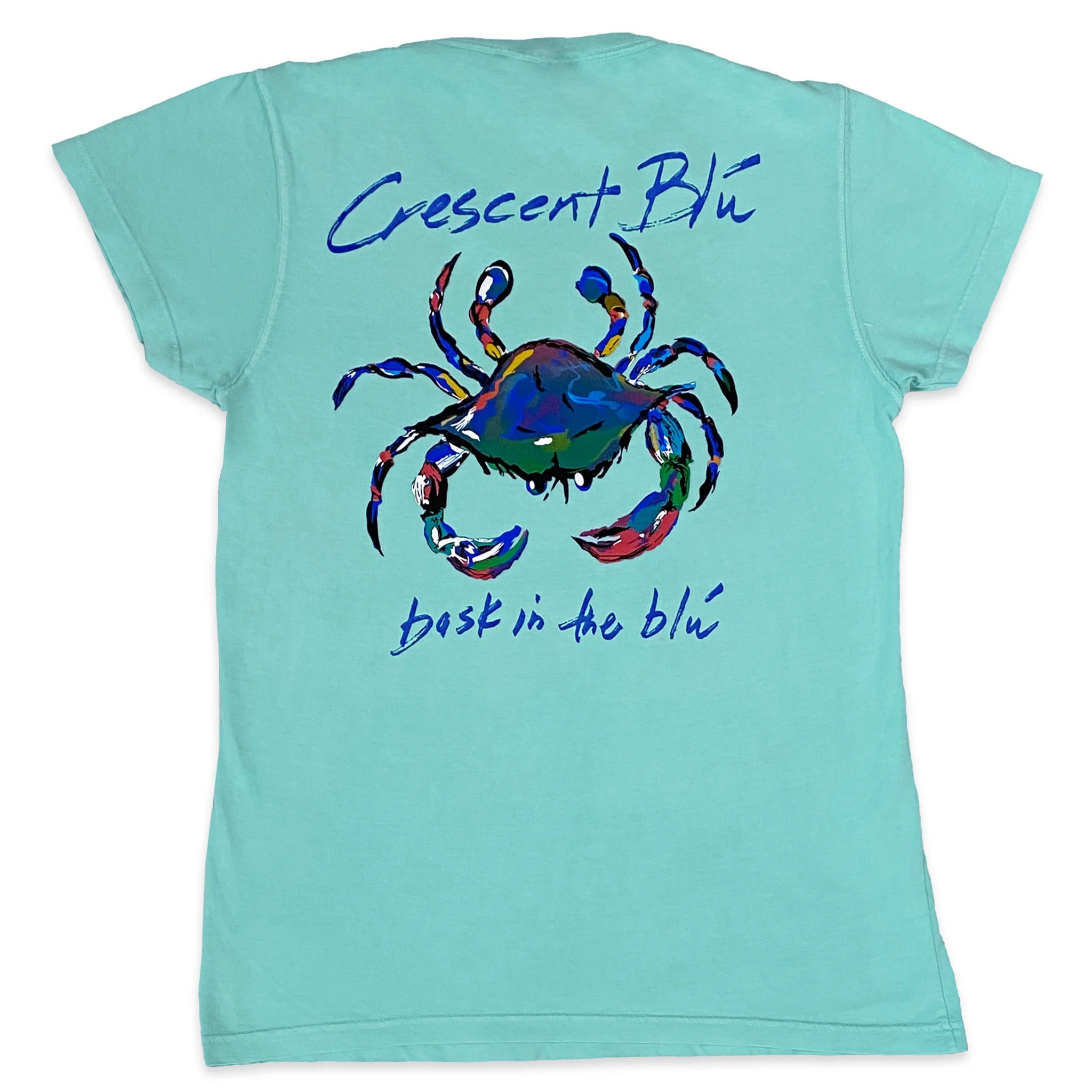 The back of a chalky mint  womens t-shirt brightly colored blue crab on the back.