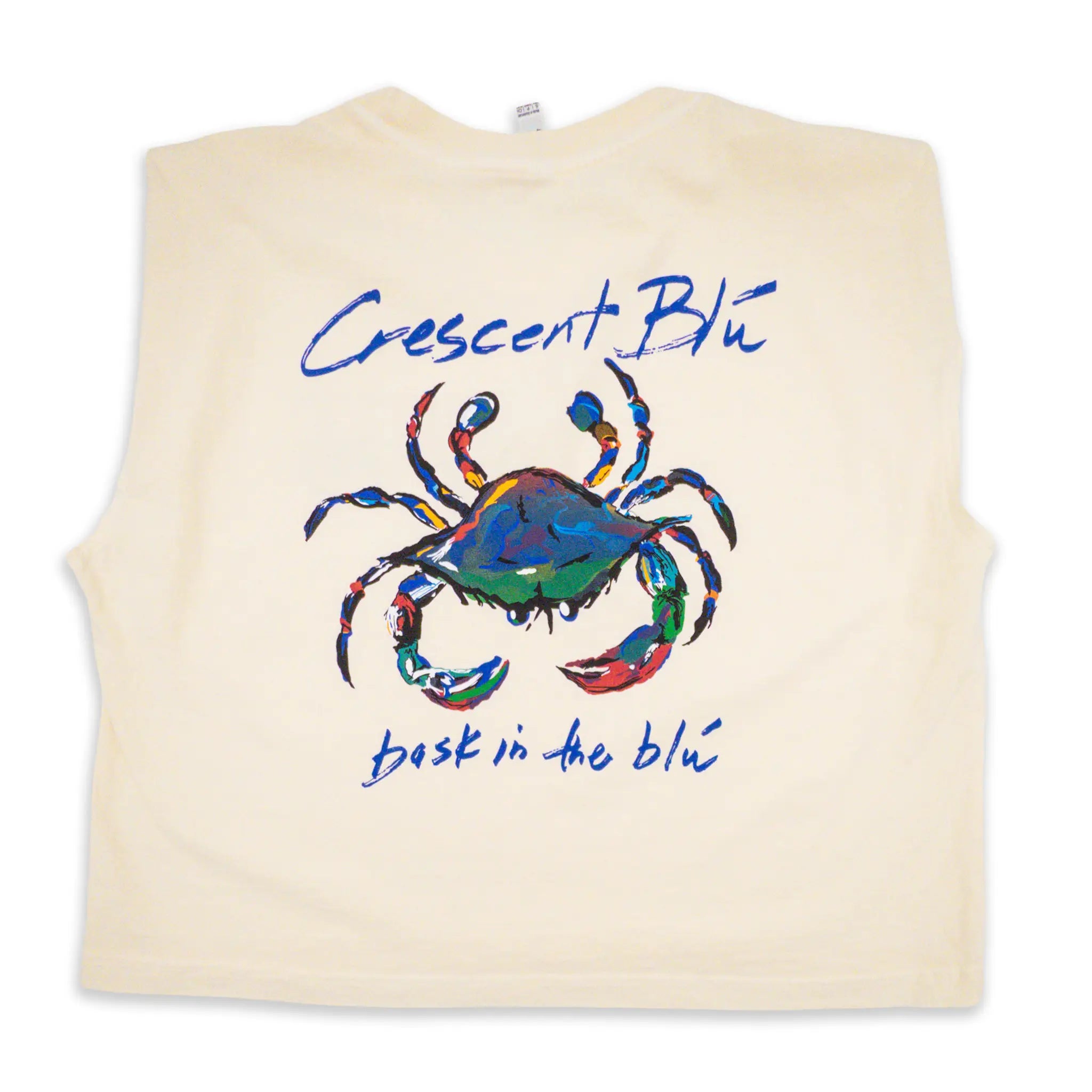 Crescent Blú Signature Crab women’s sleeveless muscle t-shirt in buttery Faded Cream with large colorful crab design on the back