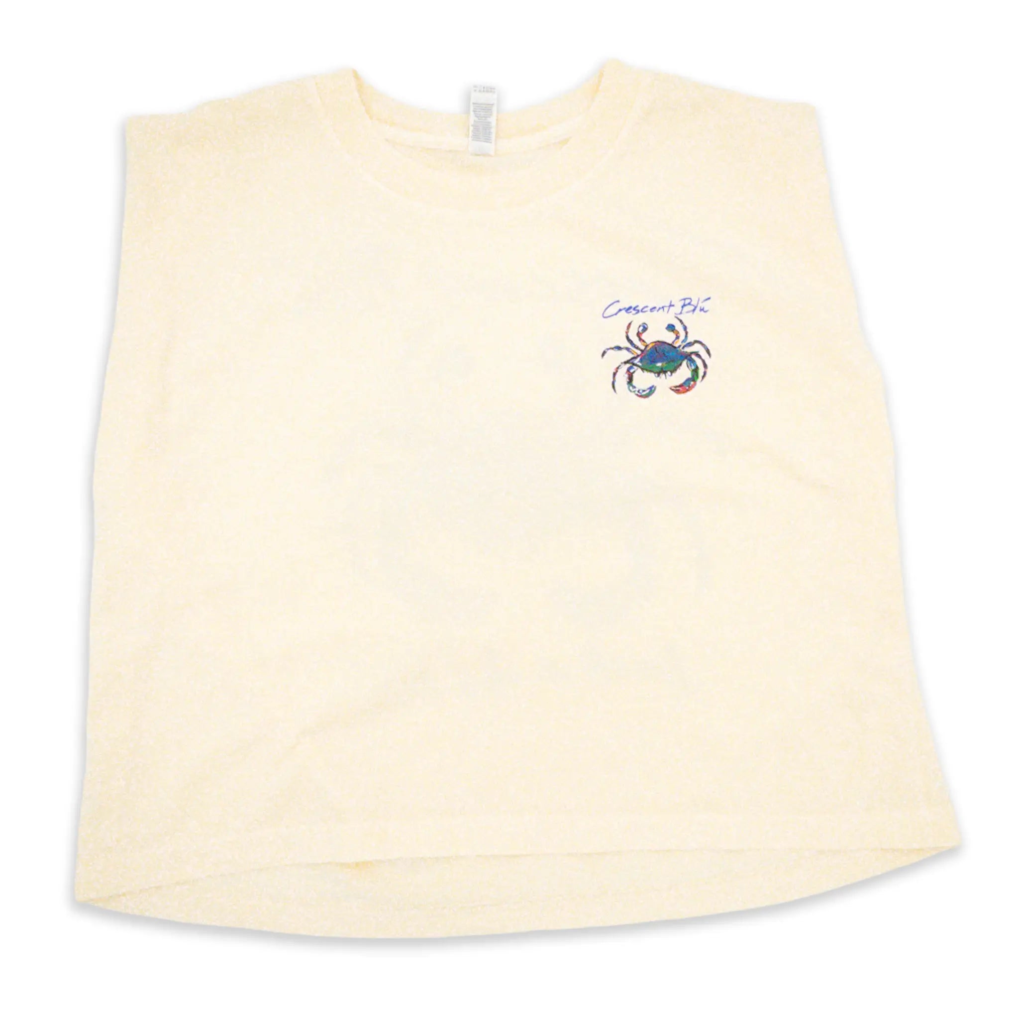 Crescent Blú Signature Crab women’s sleeveless muscle t-shirt in buttery Faded Cream with small crab design on left chest