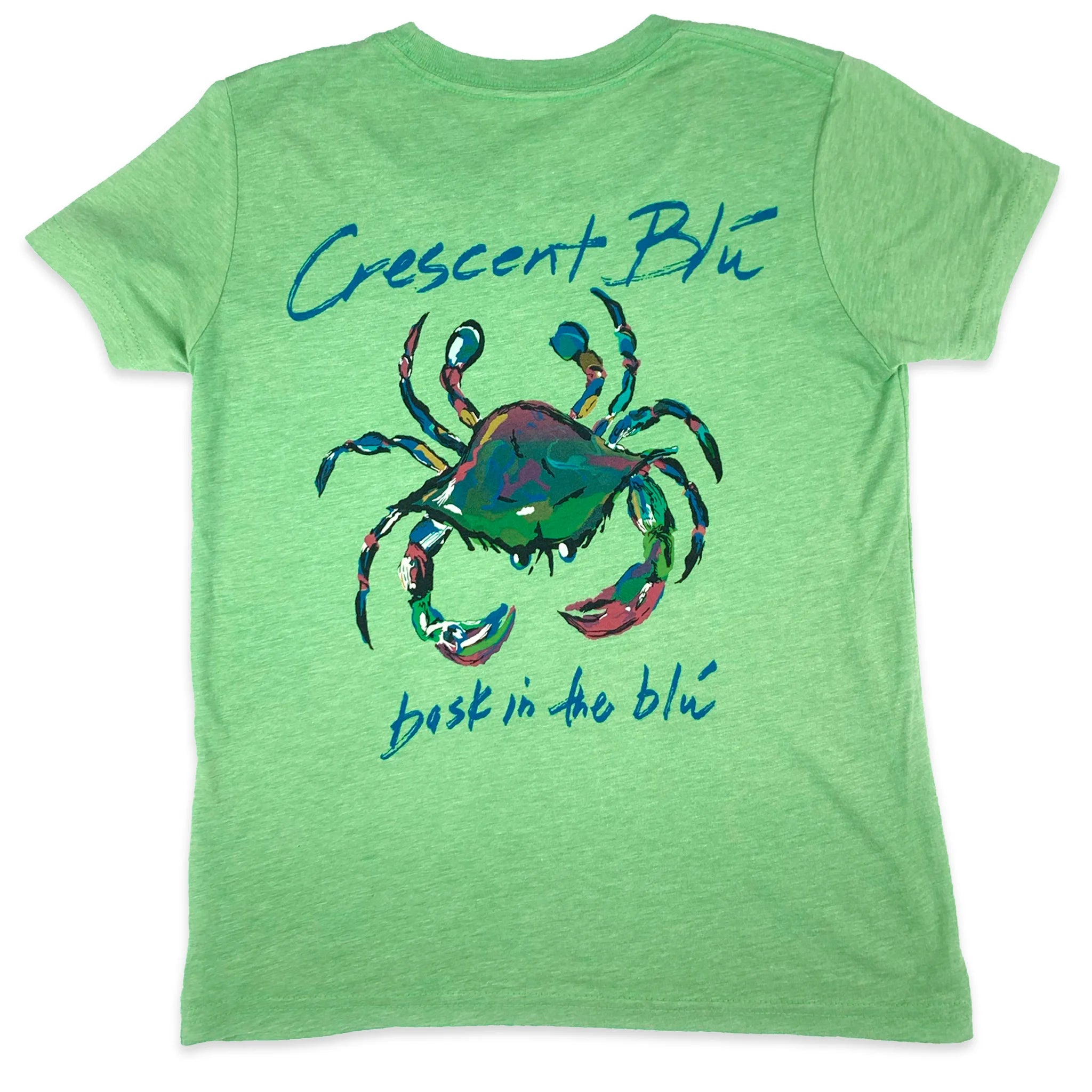 A green short sleeve shirt with the Crescent Blu logo on the back.