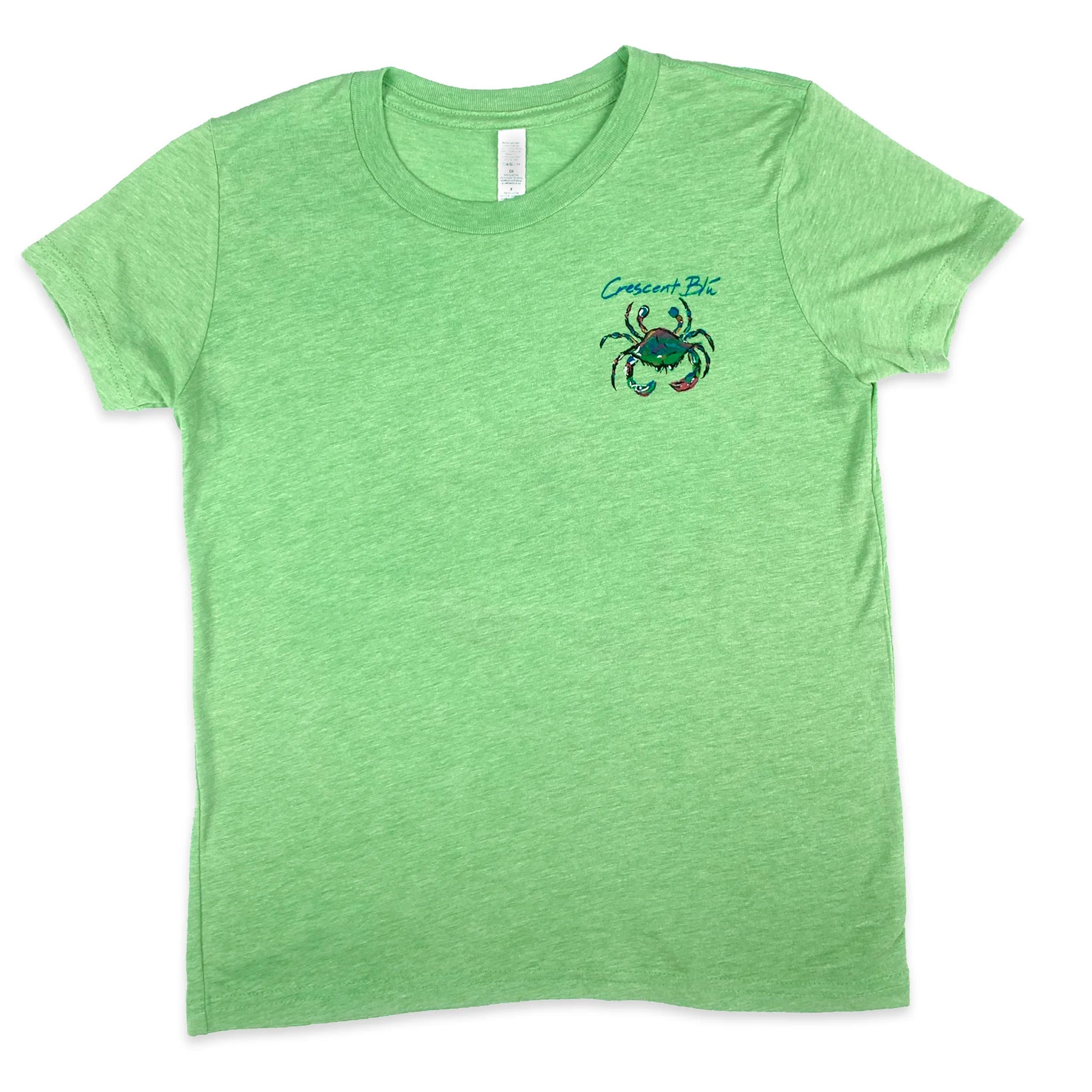 I colorful blue crab on the left chest of a kids t-shirt.