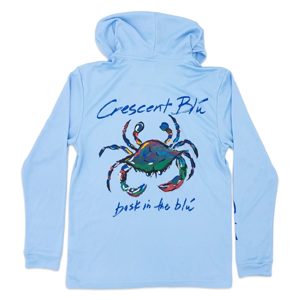 A light blue hooded long-sleeve shirt shown flat against a white background, featuring a colorful painted crab graphic on the back.
