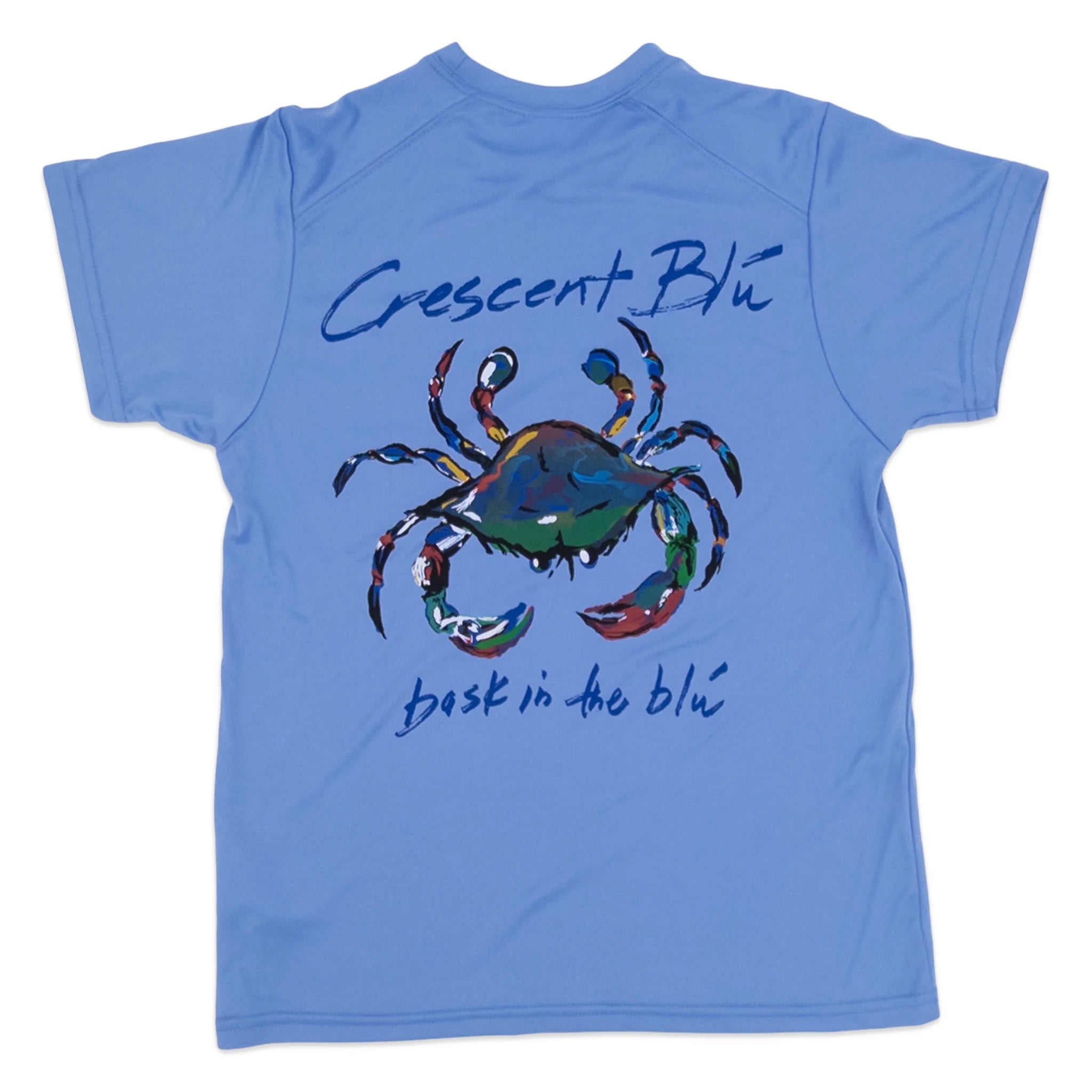A light blue short-sleeve youth t-shirt with a graphic on the back featuring a colorful painted crab