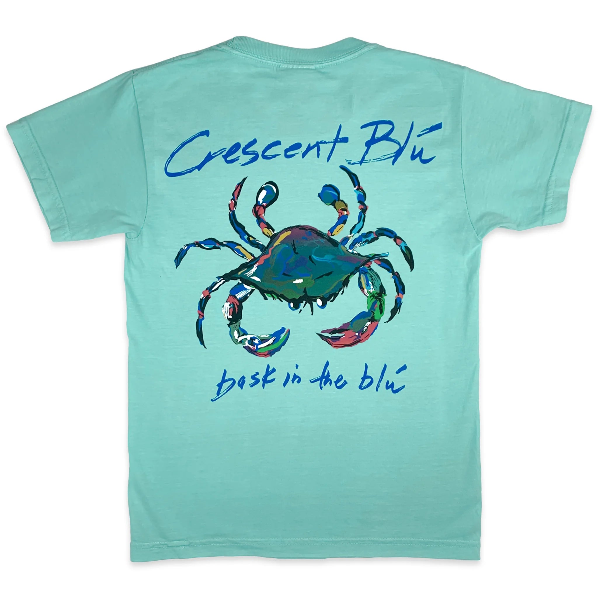 The Crescent Blu logo and tagline, bask in the blu, centered on the back of a chalky mint short sleeve kids t-shirt.