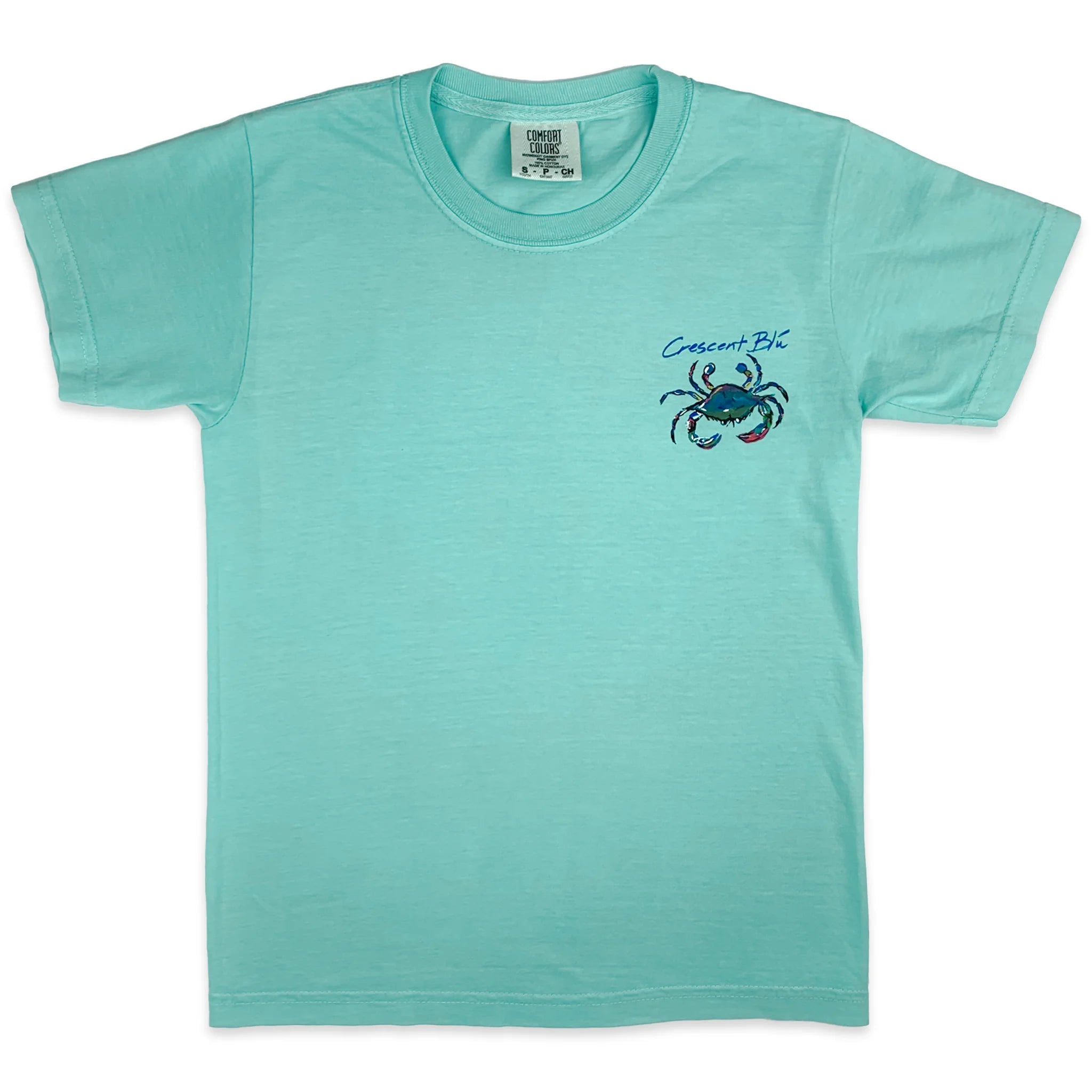 I youth t-shirt in a chalky mint colors with a blue crab on the front left chest.