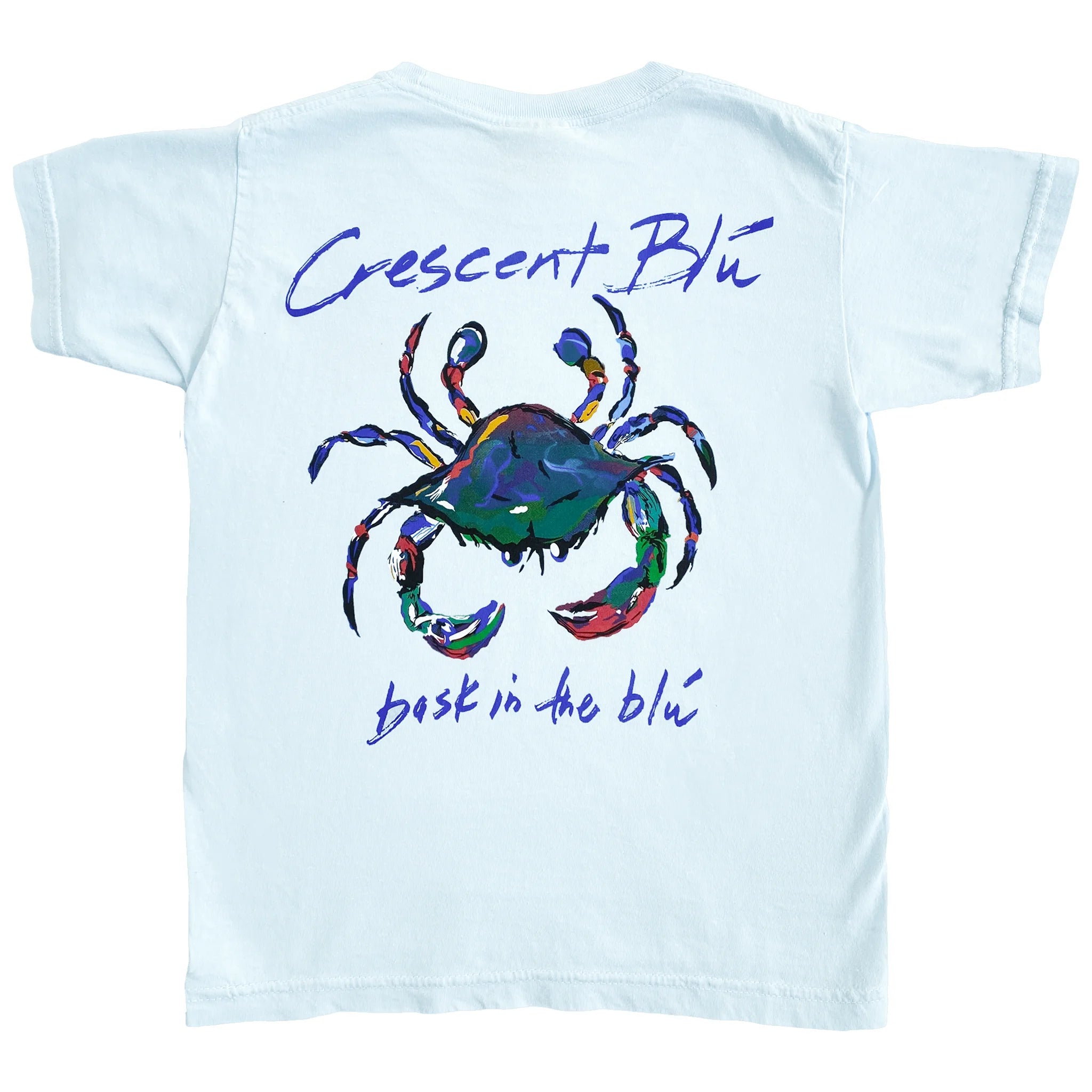 A soft chambray blue kids short sleeve tee with a colorful blue crab on the back.