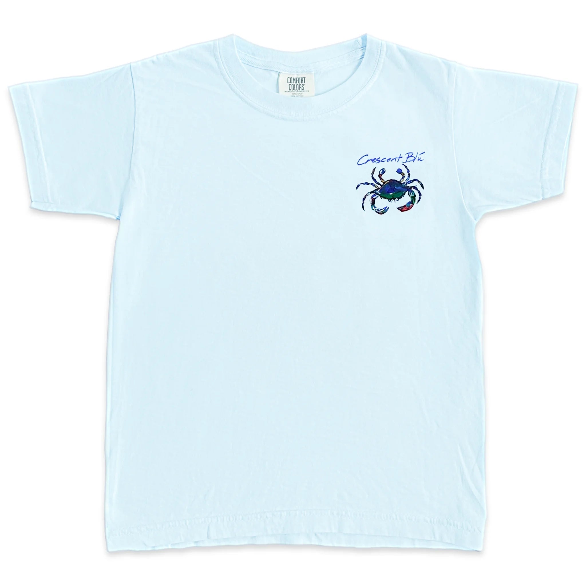 A pale blue chambray colors kids tee with a blue crab on the front.