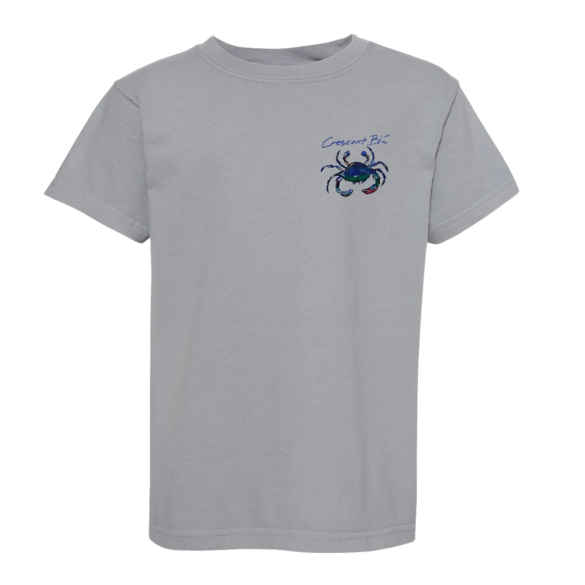 A blue crab on the  front left side of a youth granite grey shirt.