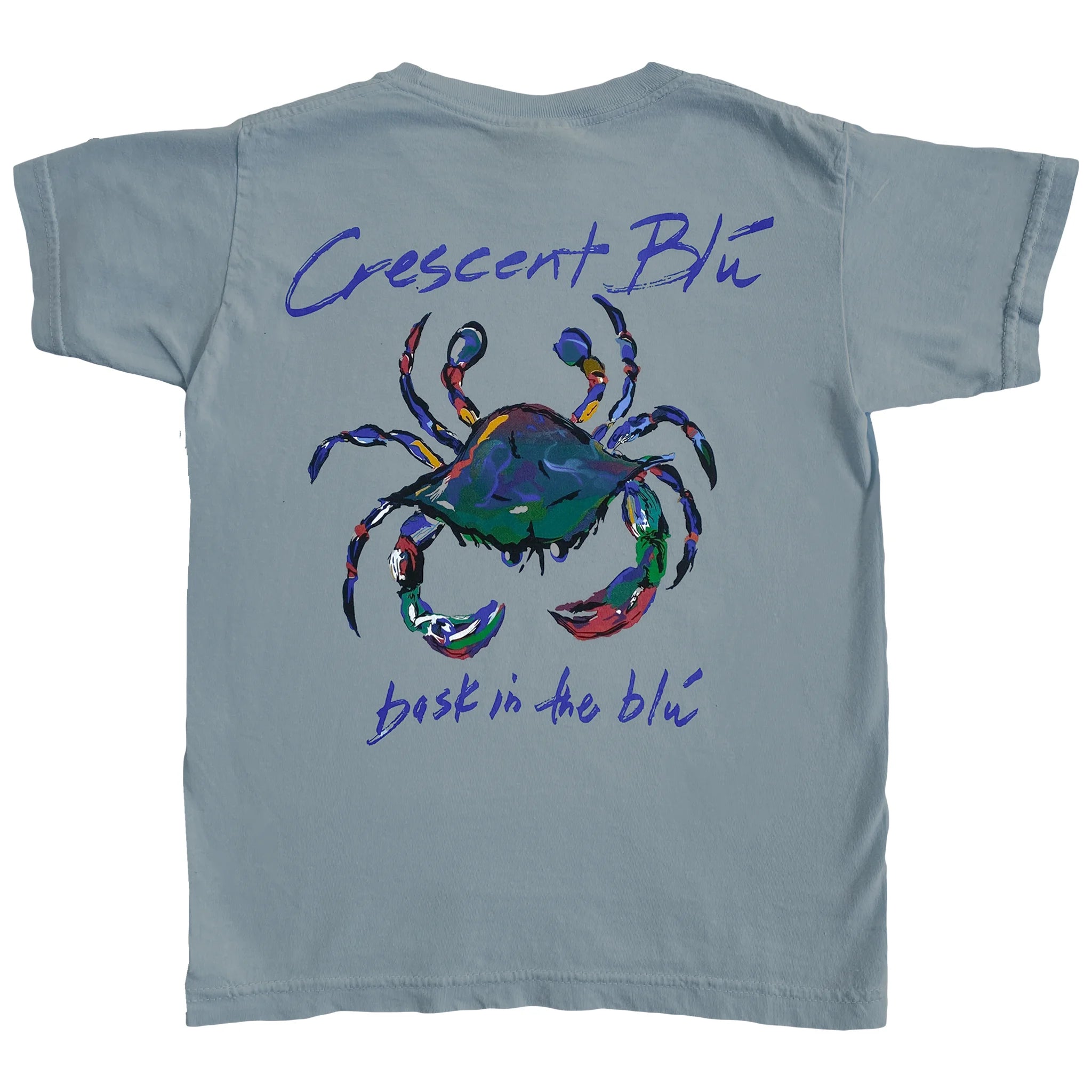 The back of a grey granite colored ids shirt with Crescent Blu written above a colorful blue crab and bask in the blu written under the crab.