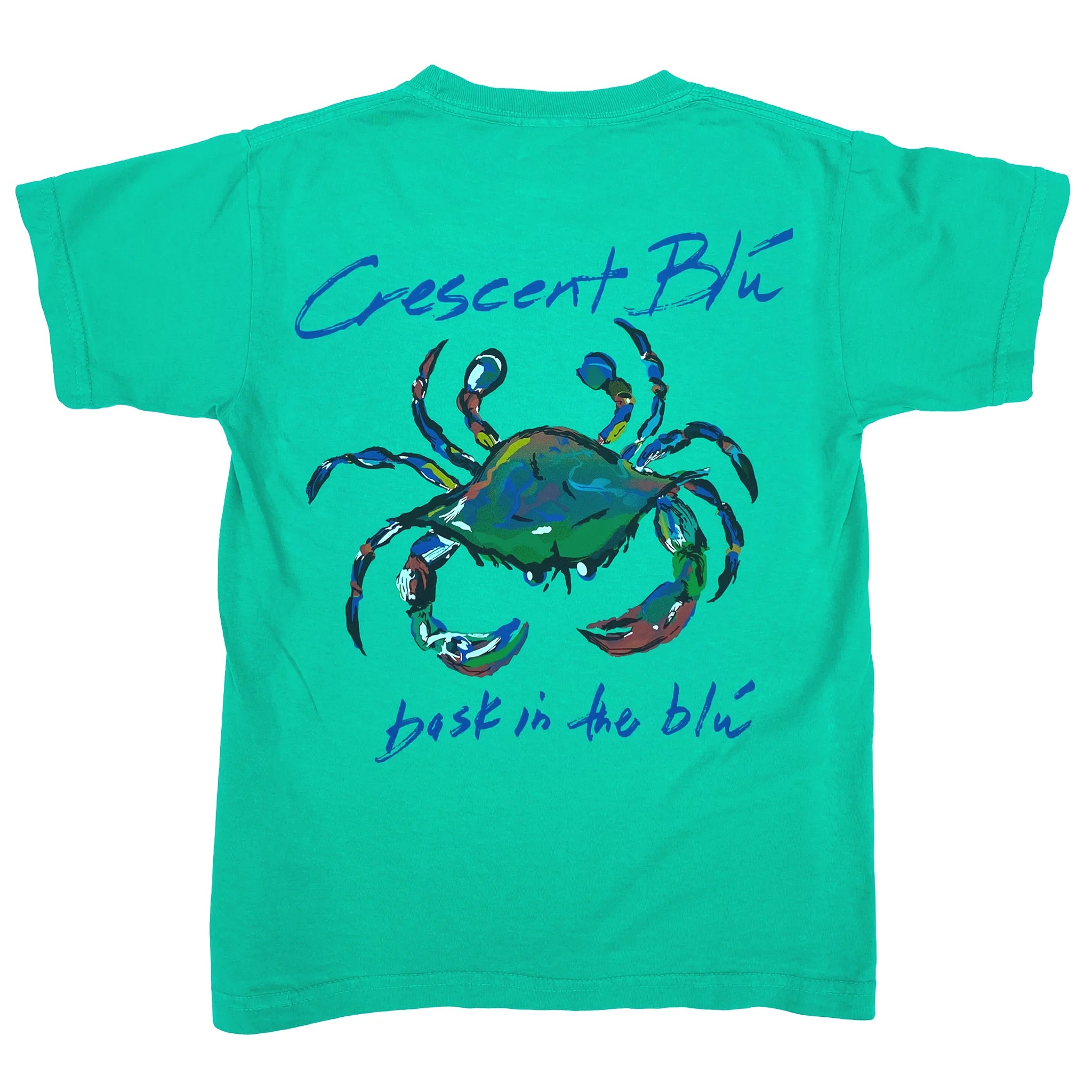 I bright island green short sleeve kids shirt with a blue crab on the back.
