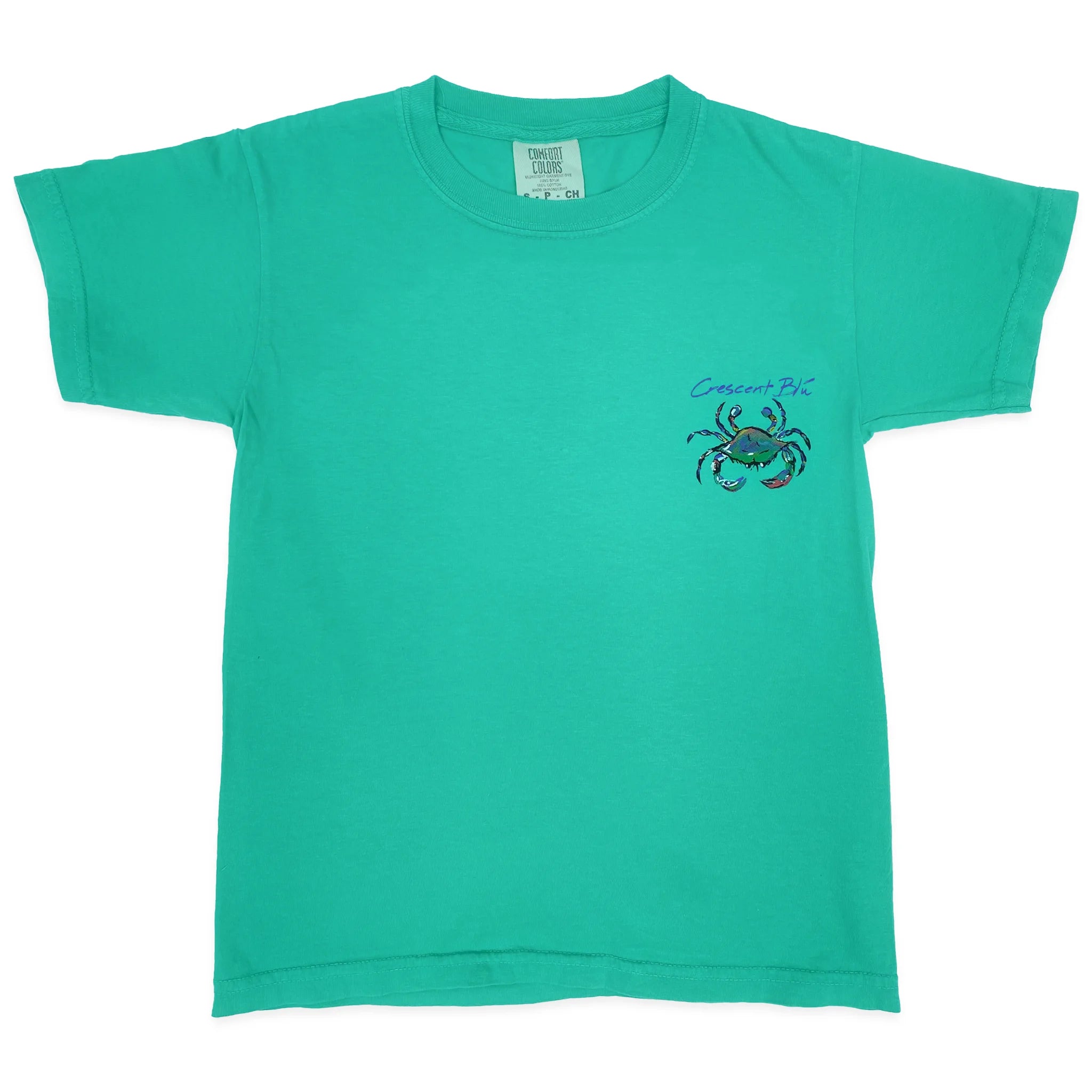 The front of a kids Crescent Blu short sleeve t-shirt in Island Green color.