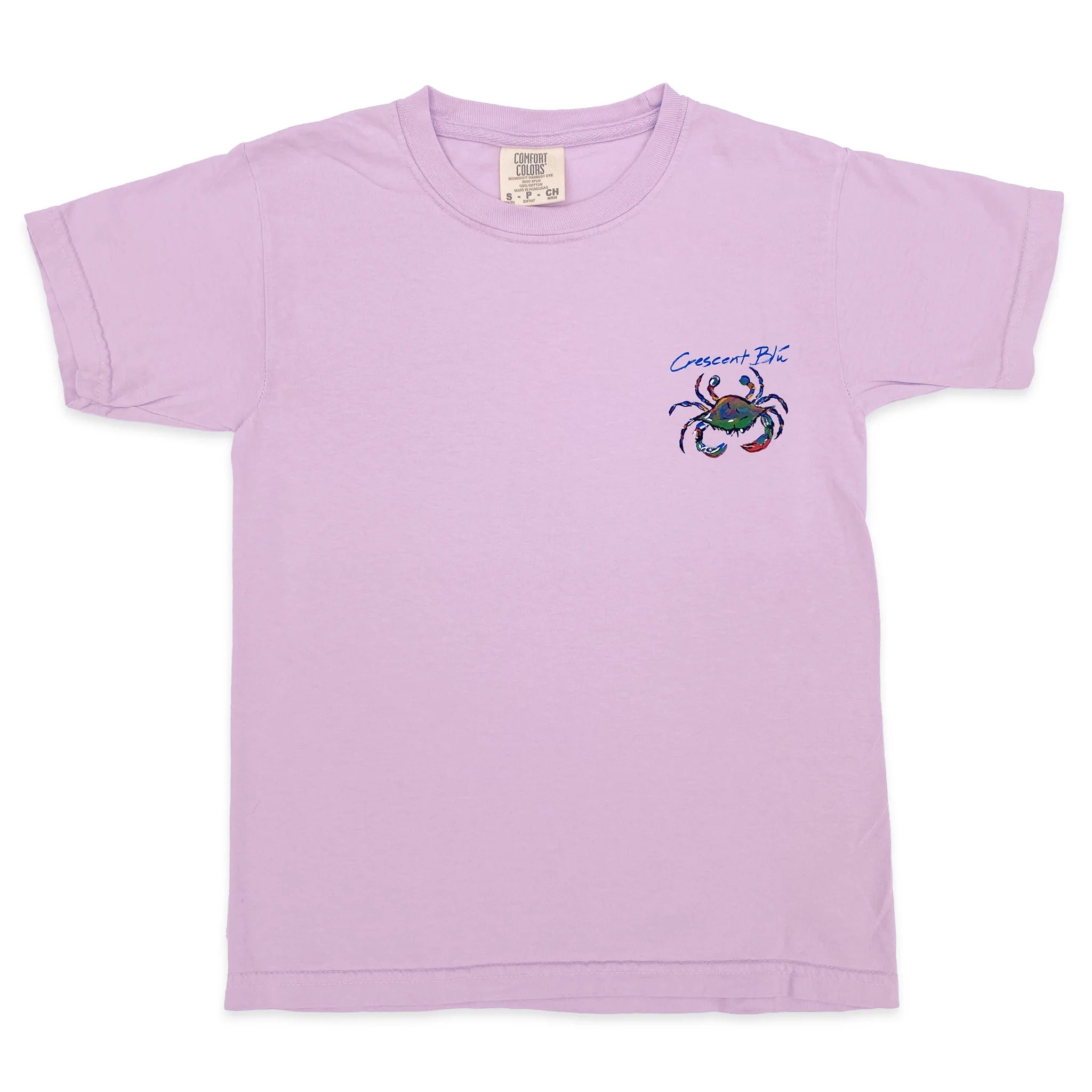A kids orchid color short sleeve shirt wit ha crab on the front.