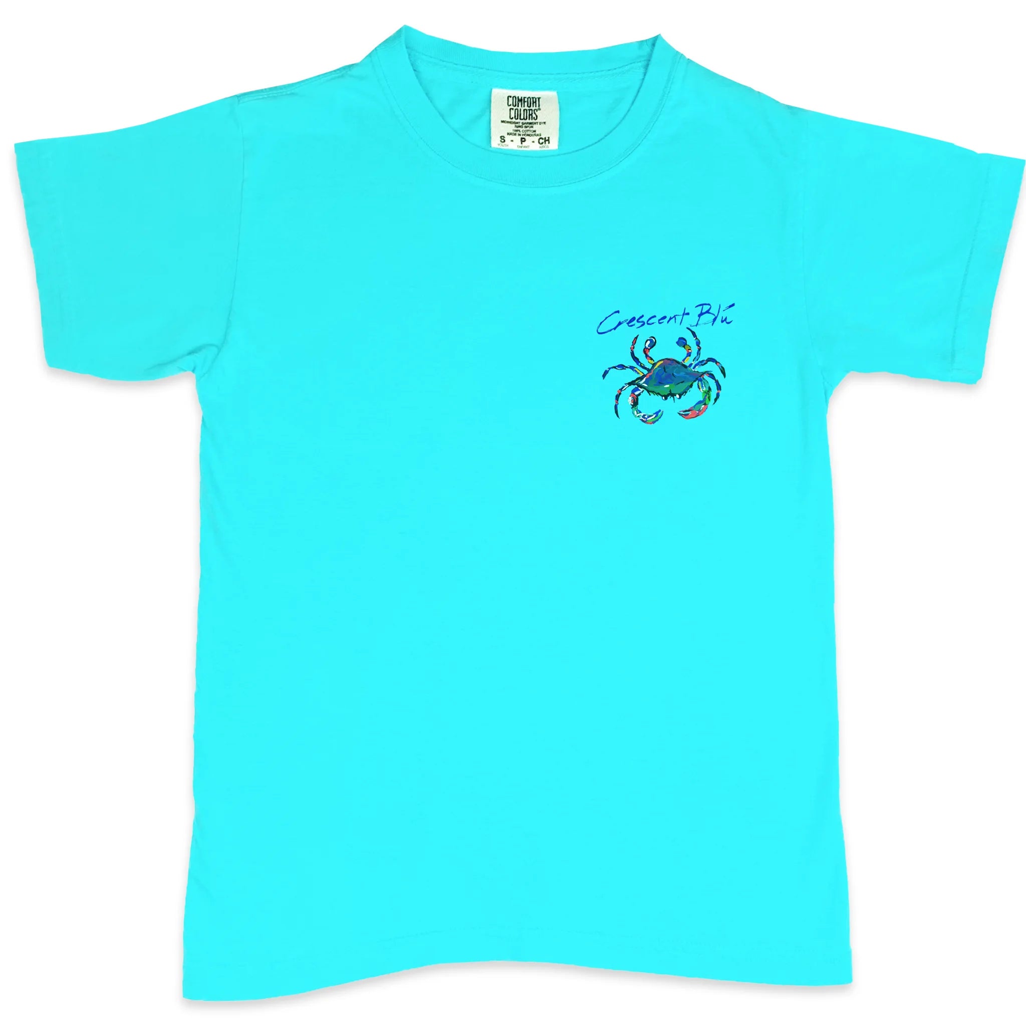 A kids short sleeve tee in a bright lagoon blue with a crab on the left chest.