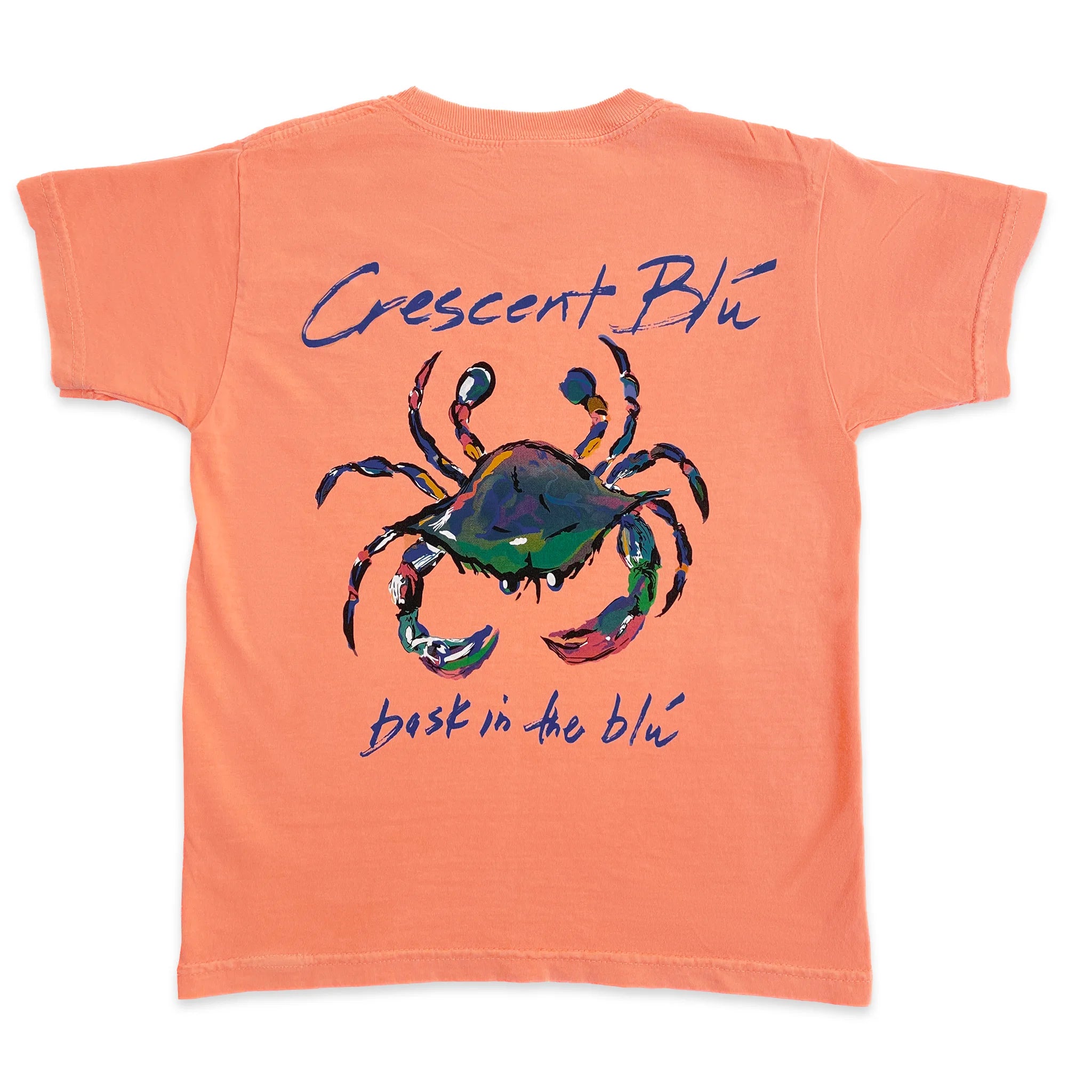 The back of a youth t-shirt that is melon color and has the Crescent Blu logo on the back.