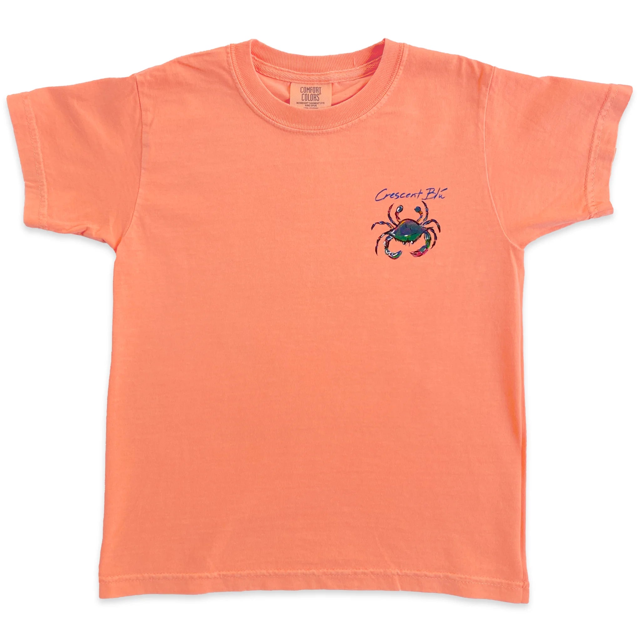 A kids size melon t-shirt with a colorful crab on the front.