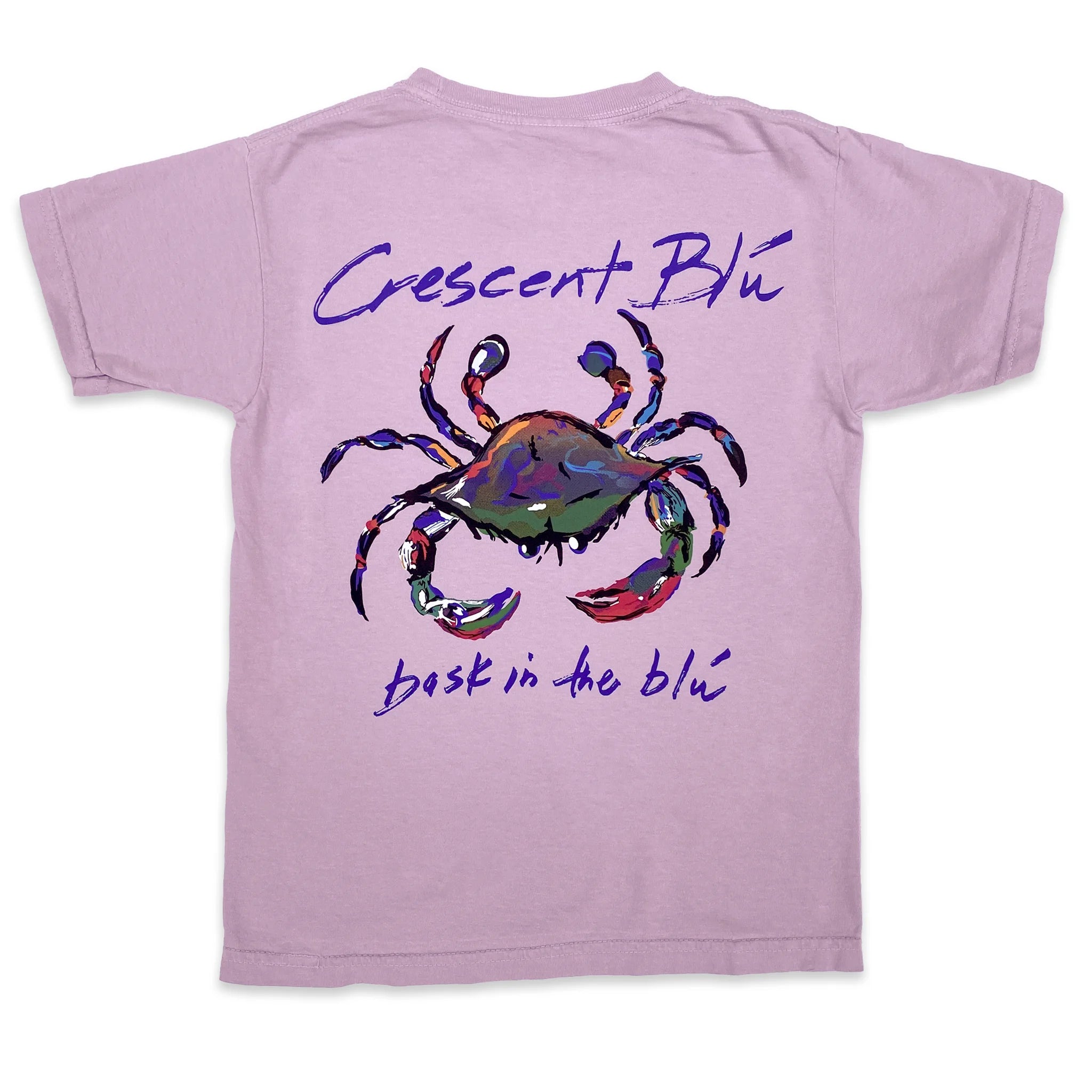 A youth short sleeve tee with a blue crab centered on the back.