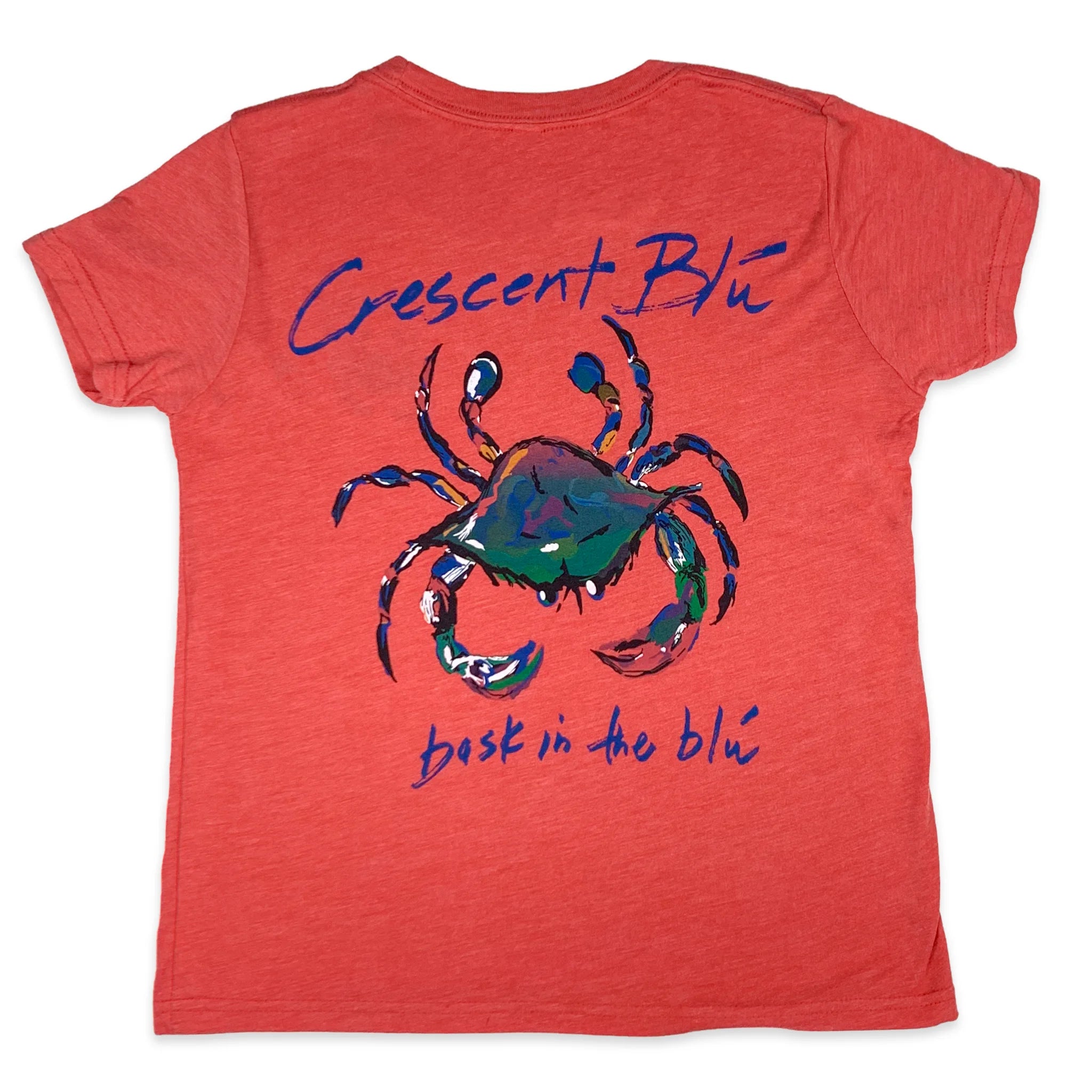 A red youth tee with a blue crab on the back.