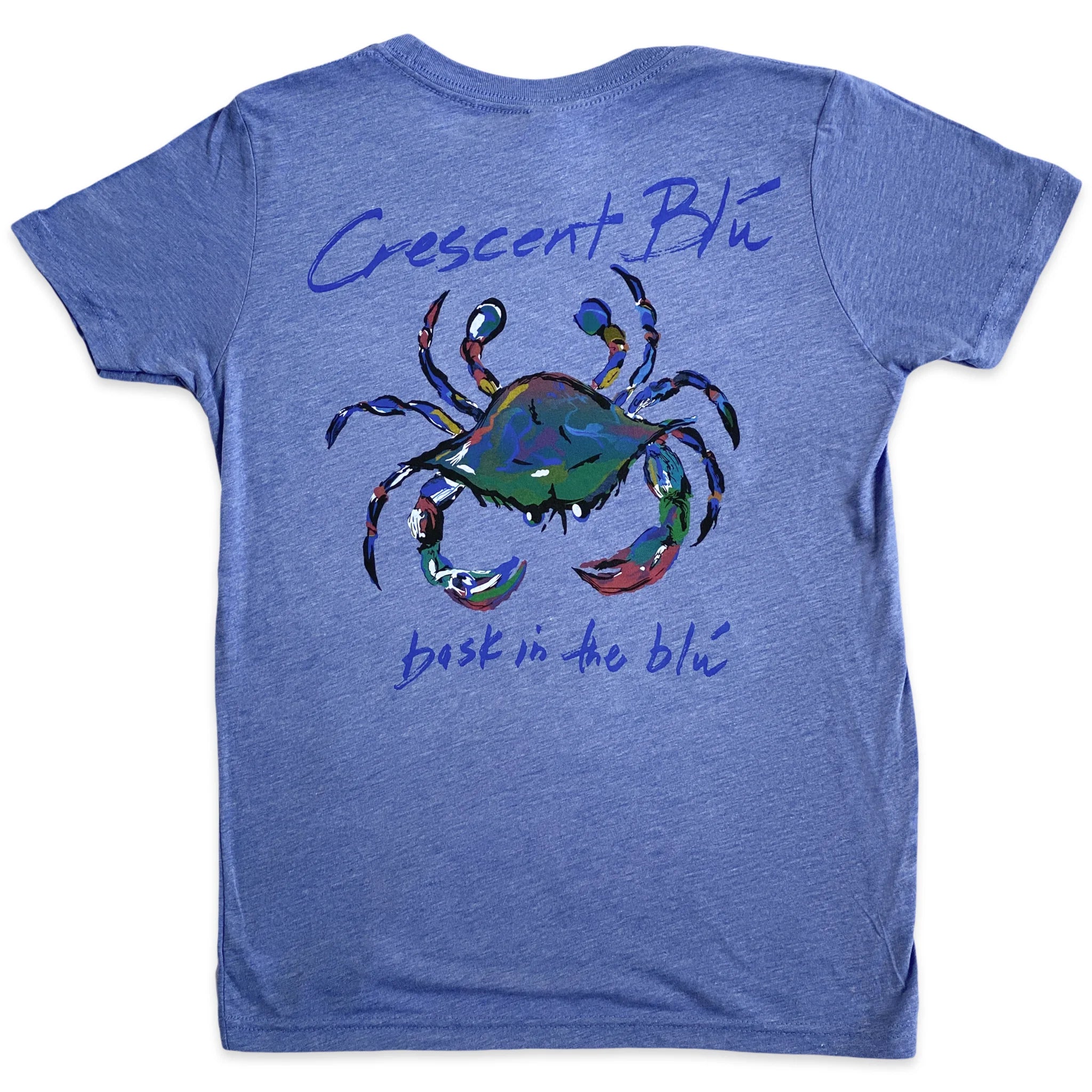 The back of a blue kids heathered t-shirt with a colored crab on the back.