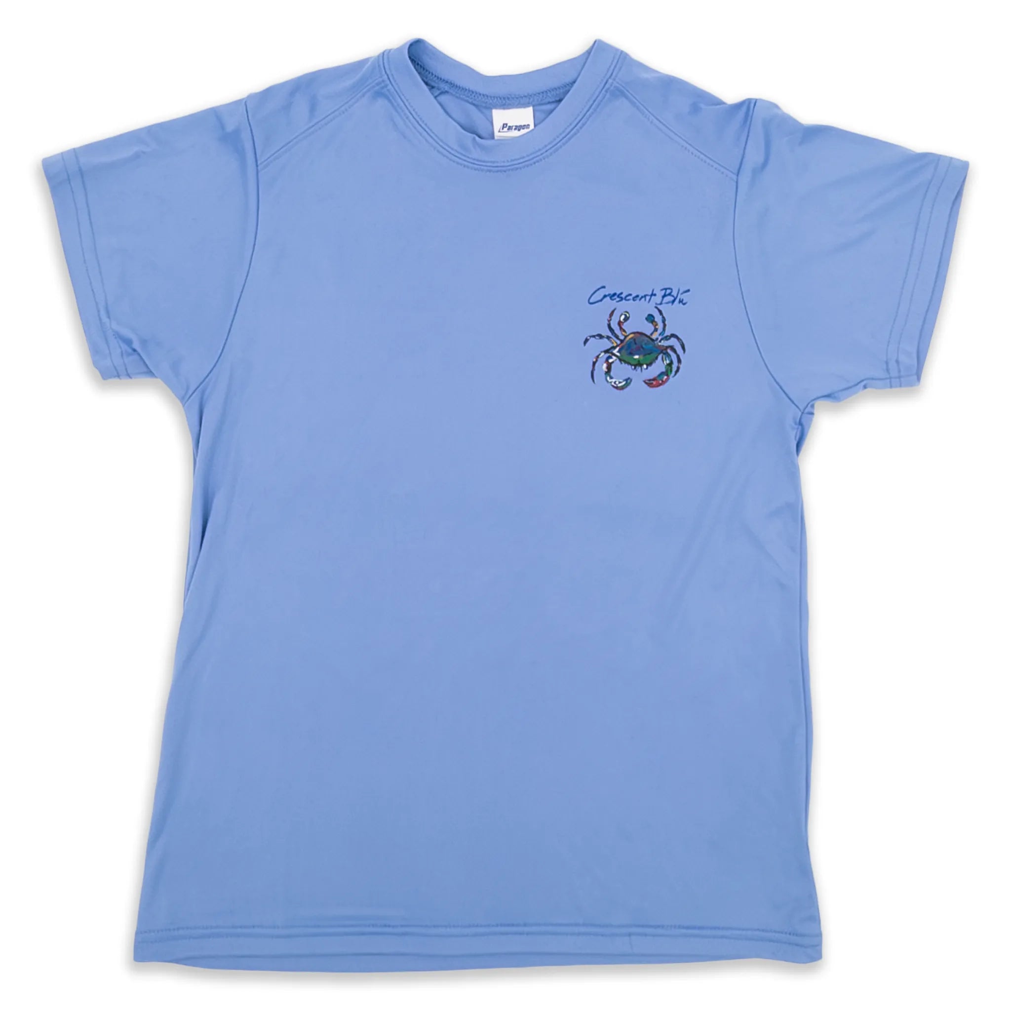 A UPF 50+ youth sun shirt in Bimini Blue with a raglan cut should and a blue crab on the front left chest