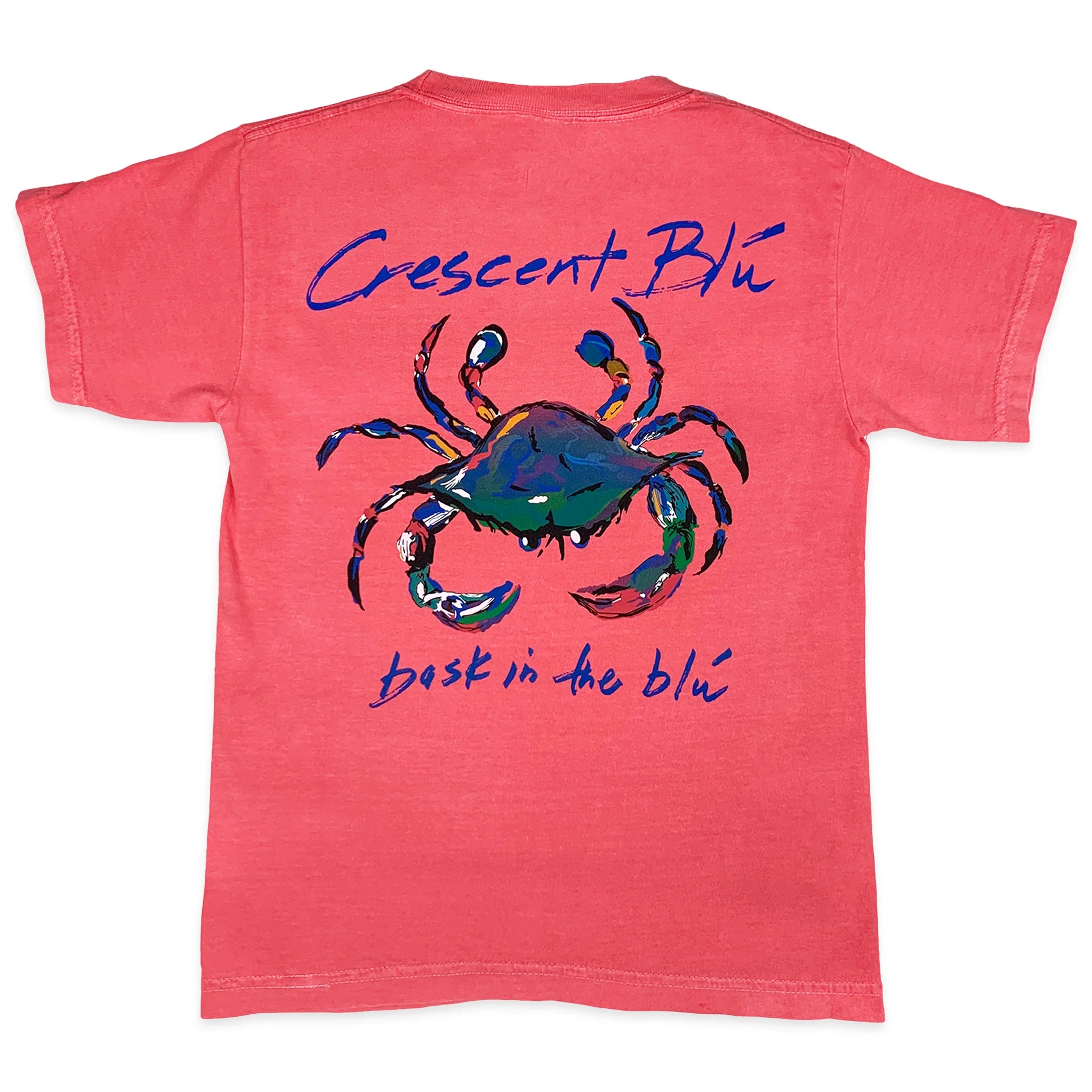 A kids shirt the color of watermelon with a large Crescent Blu crab logo on the back.