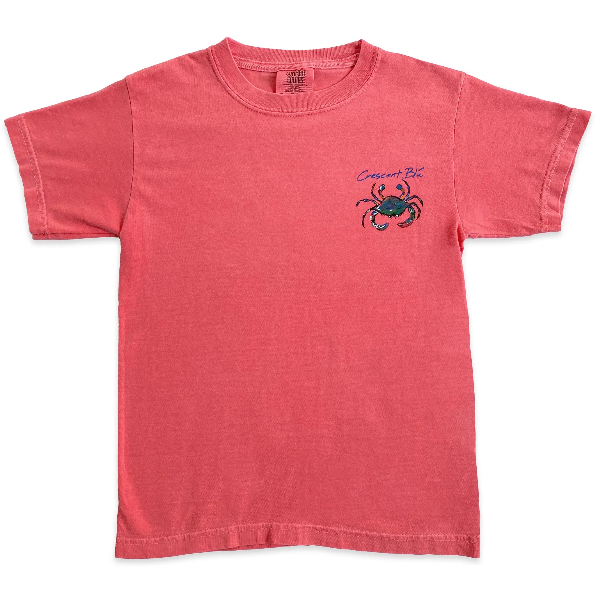 A short sleeve t-shirt for kids that is the color of watermelon and has a small blue crab on the left chest.