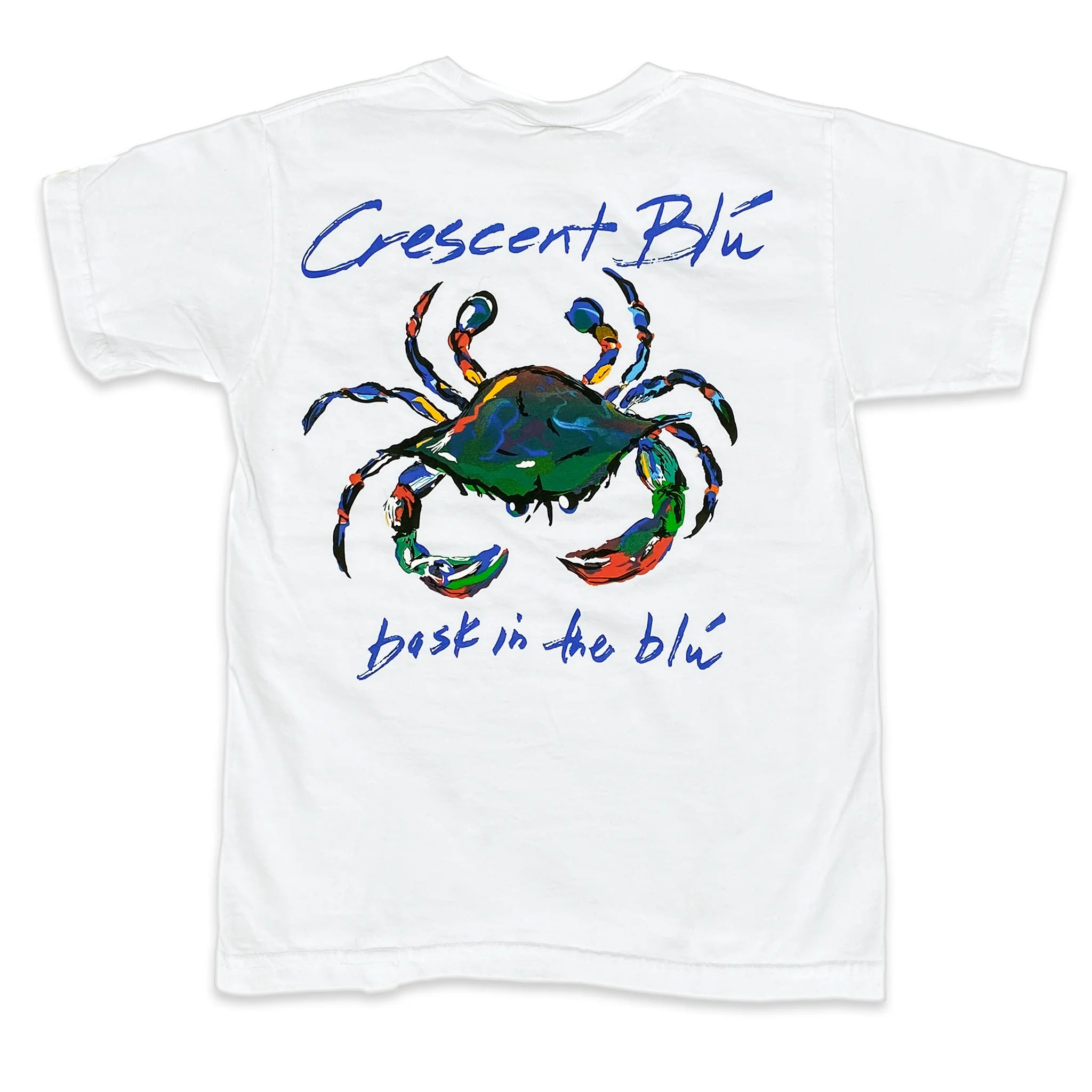 The back of a white kids Crescent Blu tee shirt.
