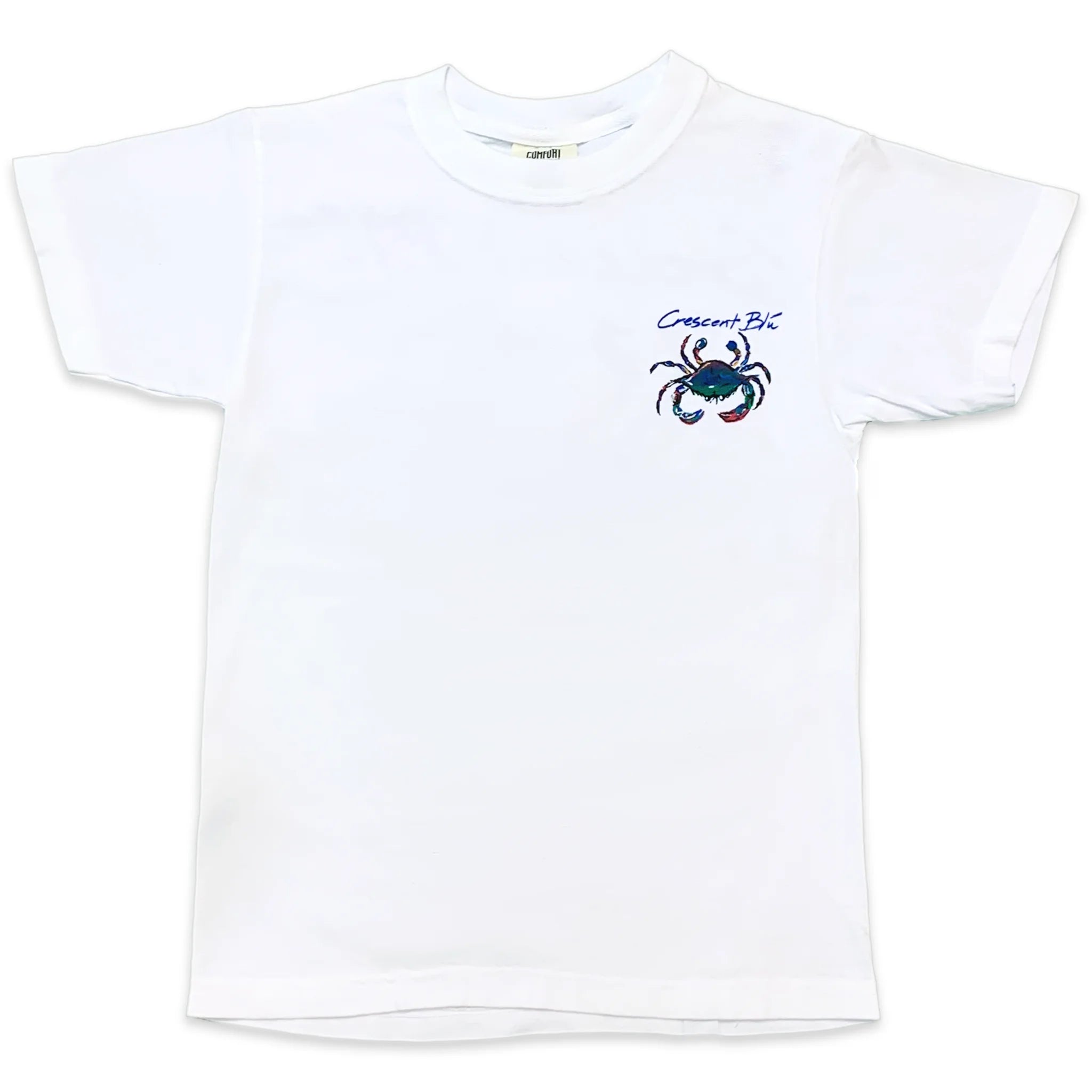 The front of a kids white tee with the Crescent Blu crab logo on the left chest.