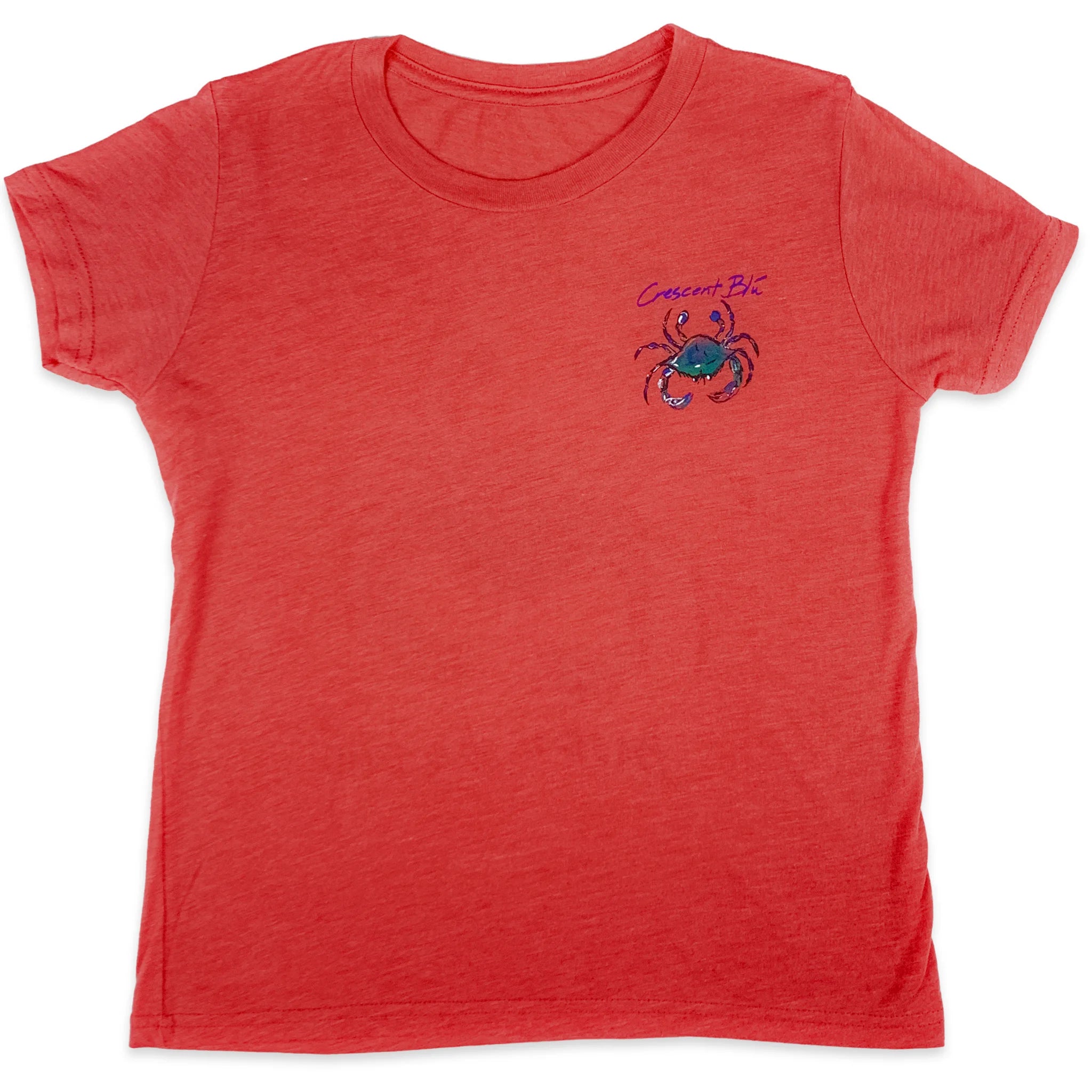A red kids shirt with a blue crab on the left chest.