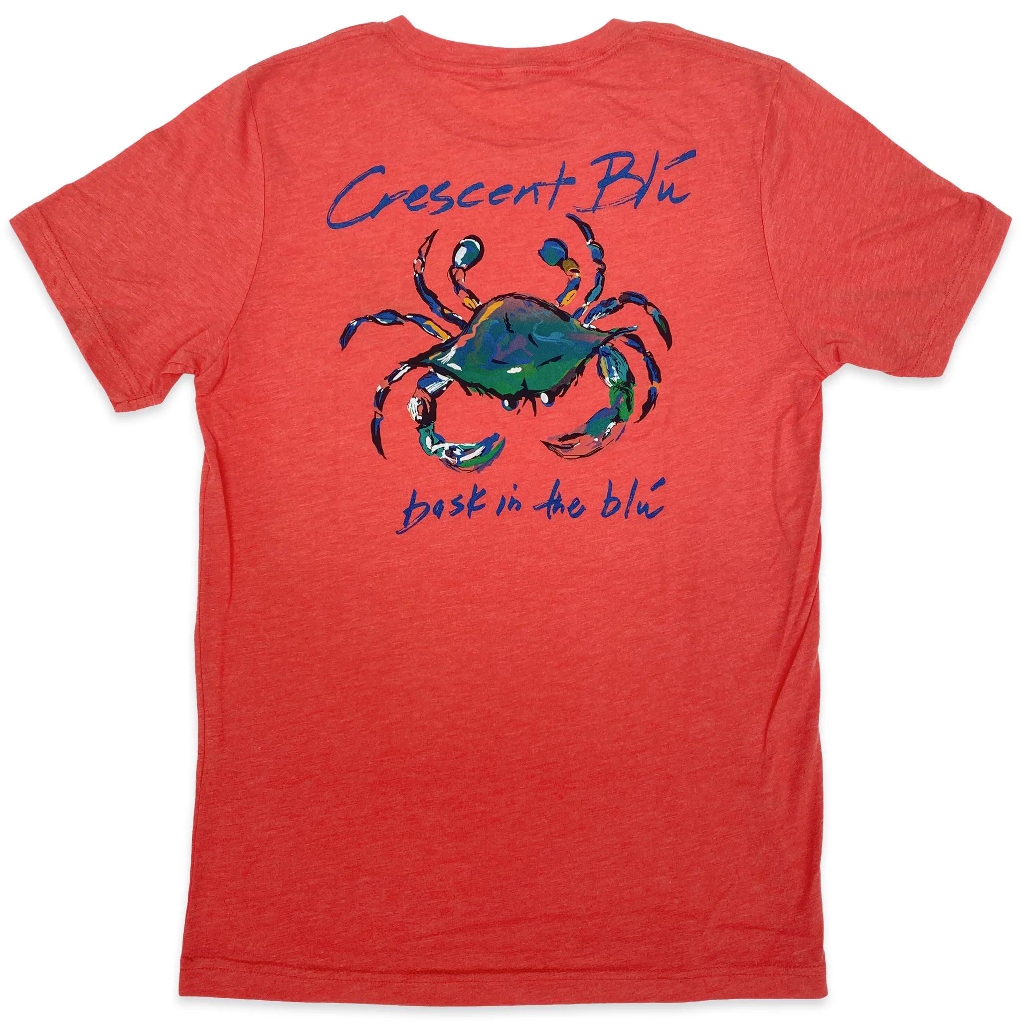 A red t-shirt with a blue crab on the back.