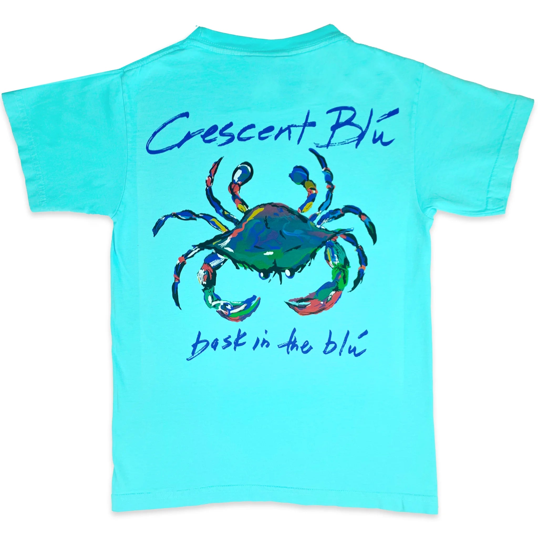 A bright lagoon blue kids shirt with the Crescent Blu logo on the back.