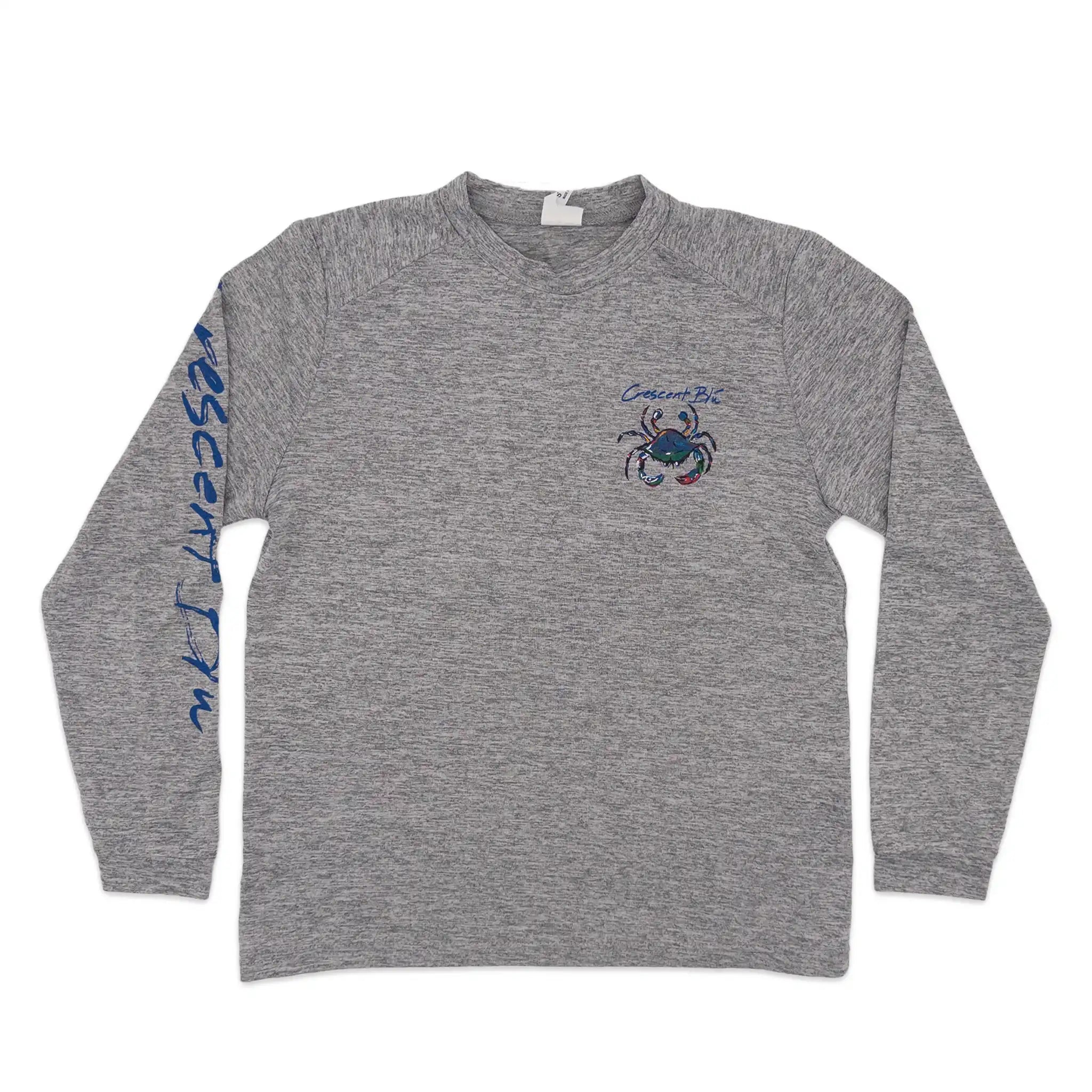 A heather gray youth long-sleeve crewneck UV sun shirt featuring a blue crab graphic and on the left chest Crescent Blu on the right sleeve.