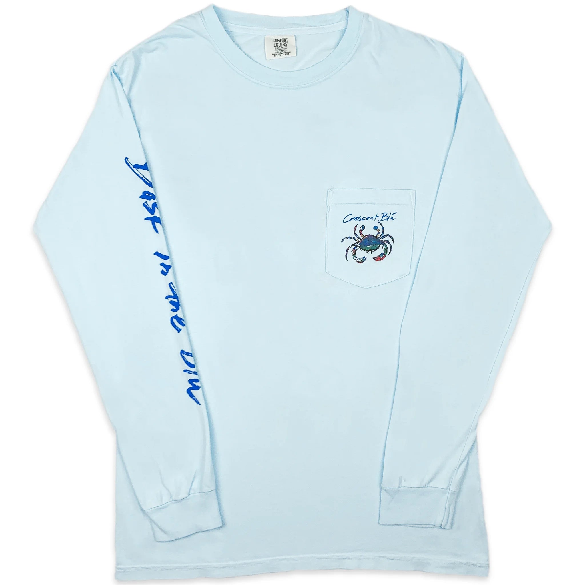 Adult t-shirt, long sleeve, chambray in color, with multi-colored crab logo on the left upper chest on pocket.