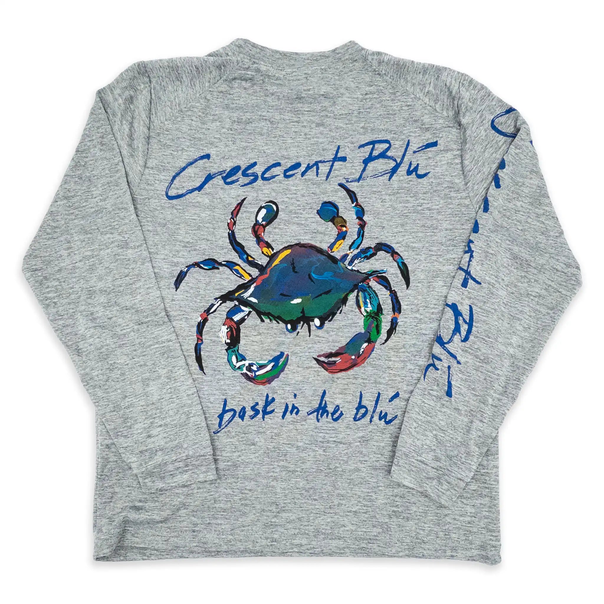 youth heather grey long sleeve upf sun shirt with colorful blue crab graphic and crescent blu logo bask in the blu text