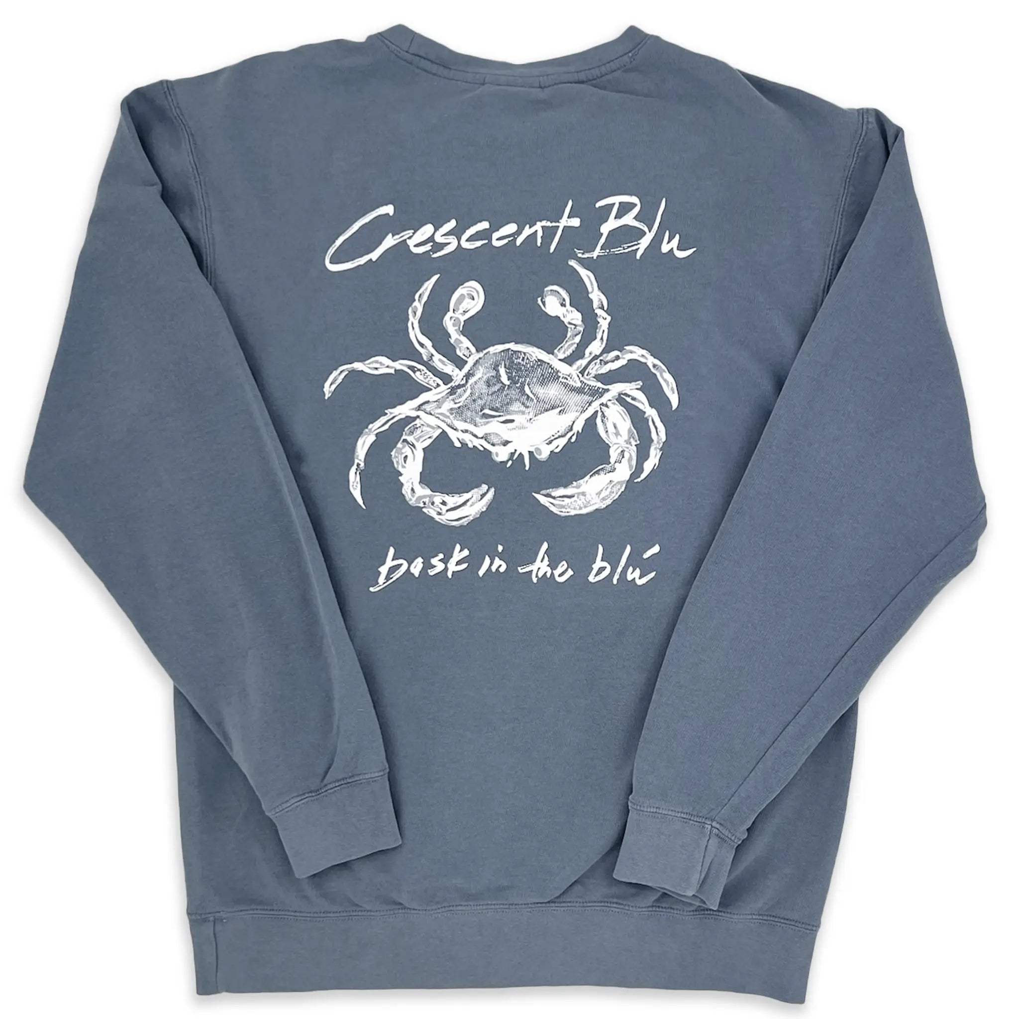 Back view of Crescent Blú Sneaux Crab crew neck sweatshirt in blue jean