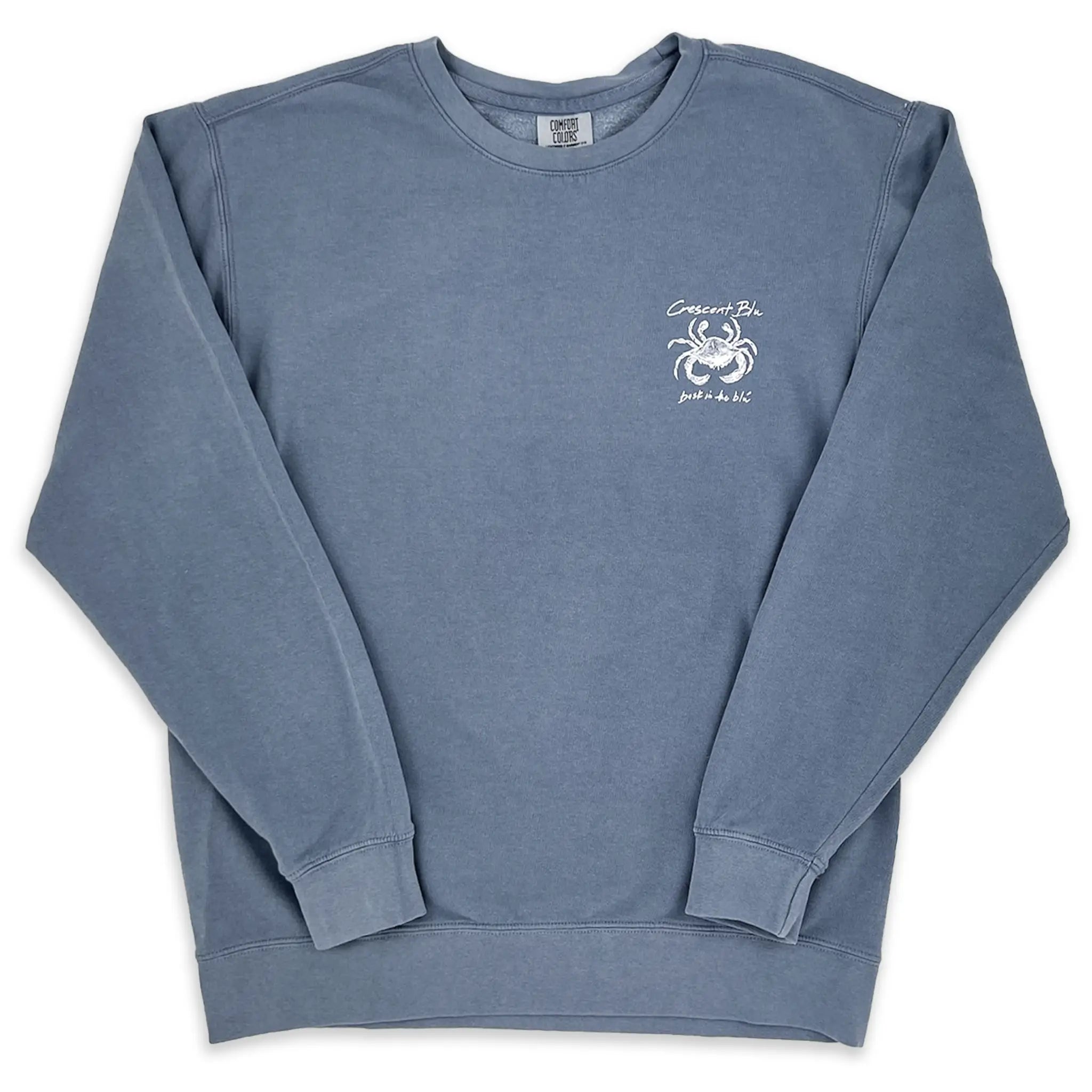 Front view of Crescent Blú Sneaux Crab crew neck sweatshirt in blue jean