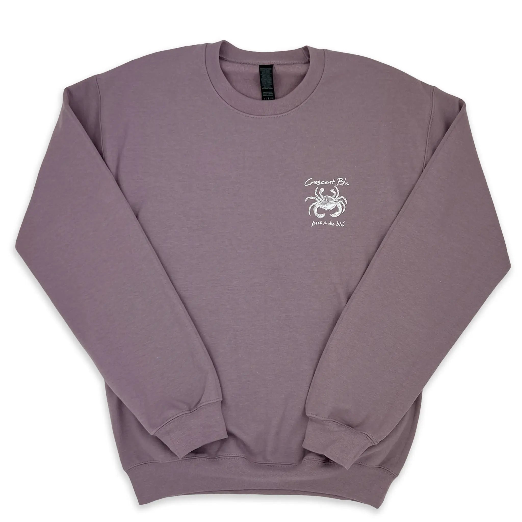 Front view of Crescent Blú Sneaux Crab crew neck sweatshirt in paragon blue