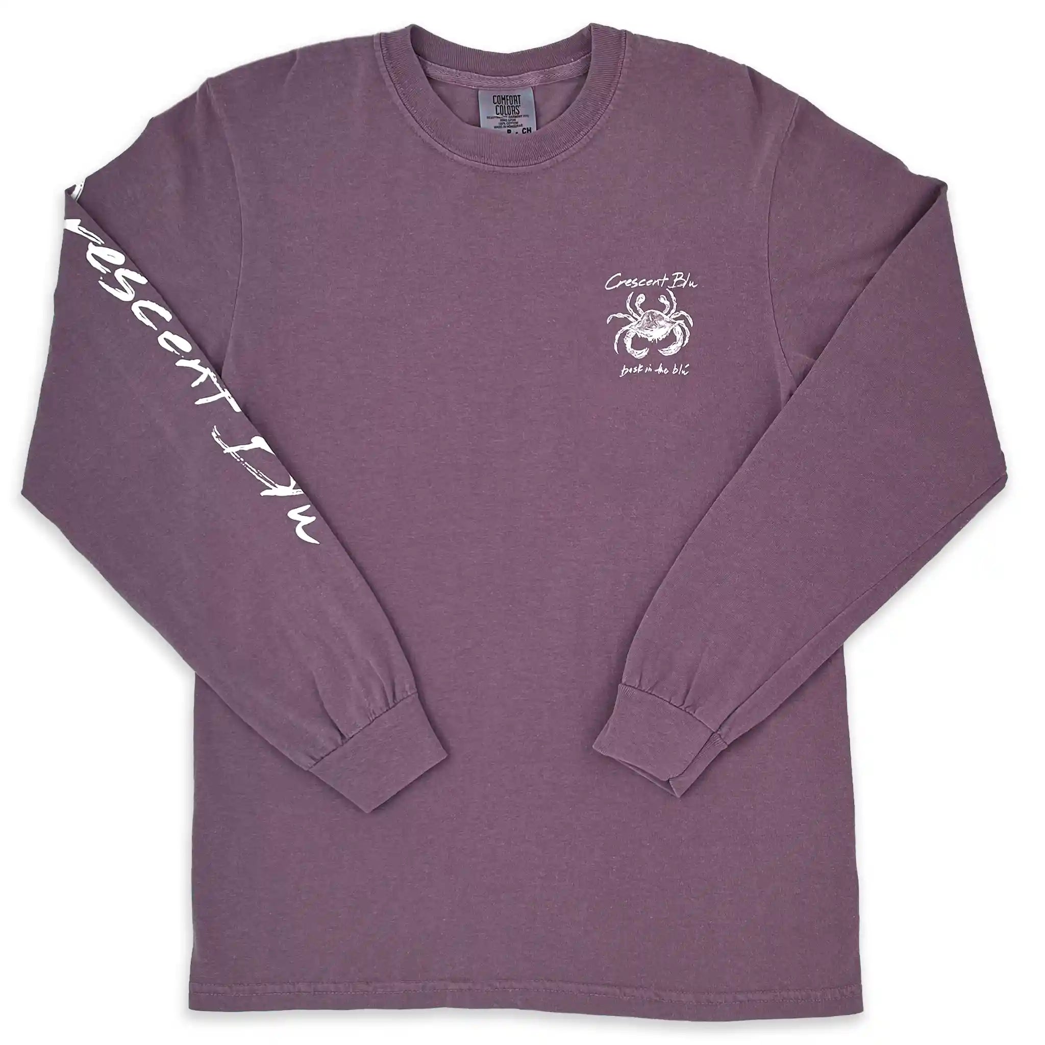 Front view of Crescent Blú Sneaux Crab long sleeve tee in berry pink