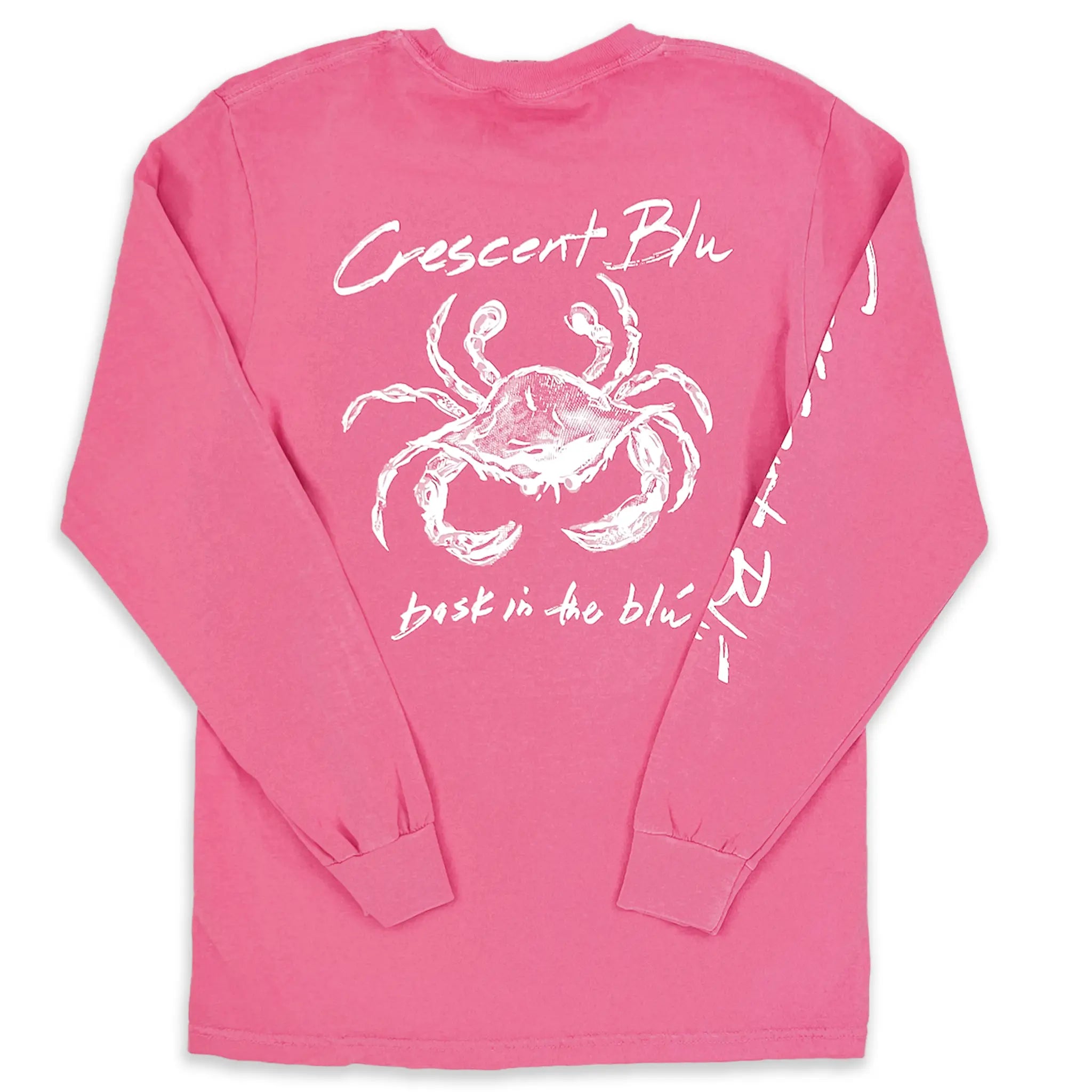 Back view of Crescent Blú Sneaux Crab long sleeve tee in crunchberry pink