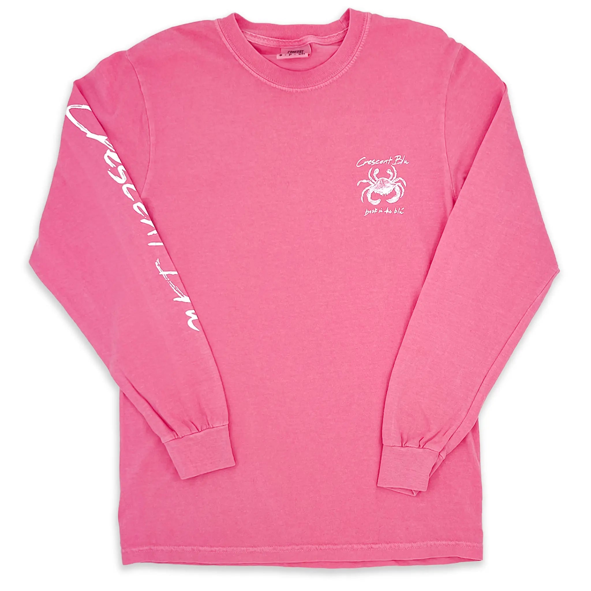 Front view of Crescent Blú Sneaux Crab long sleeve tee in crunchberry pink