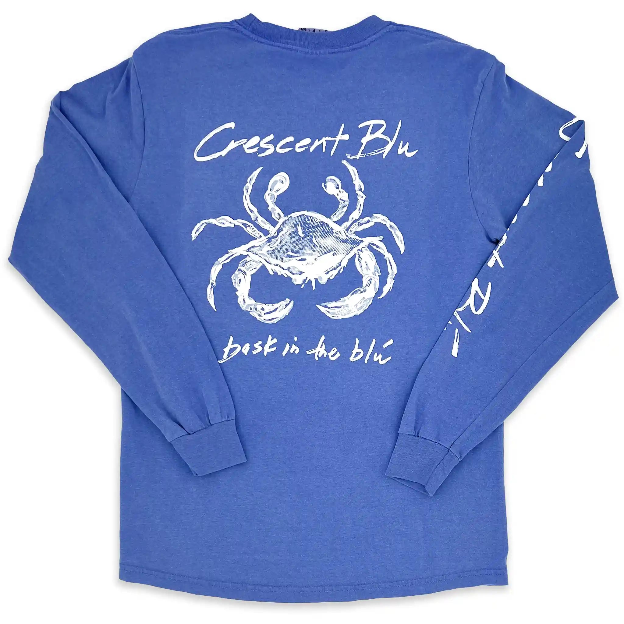Back view of Crescent Blú Sneaux Crab long sleeve tee in flo blue