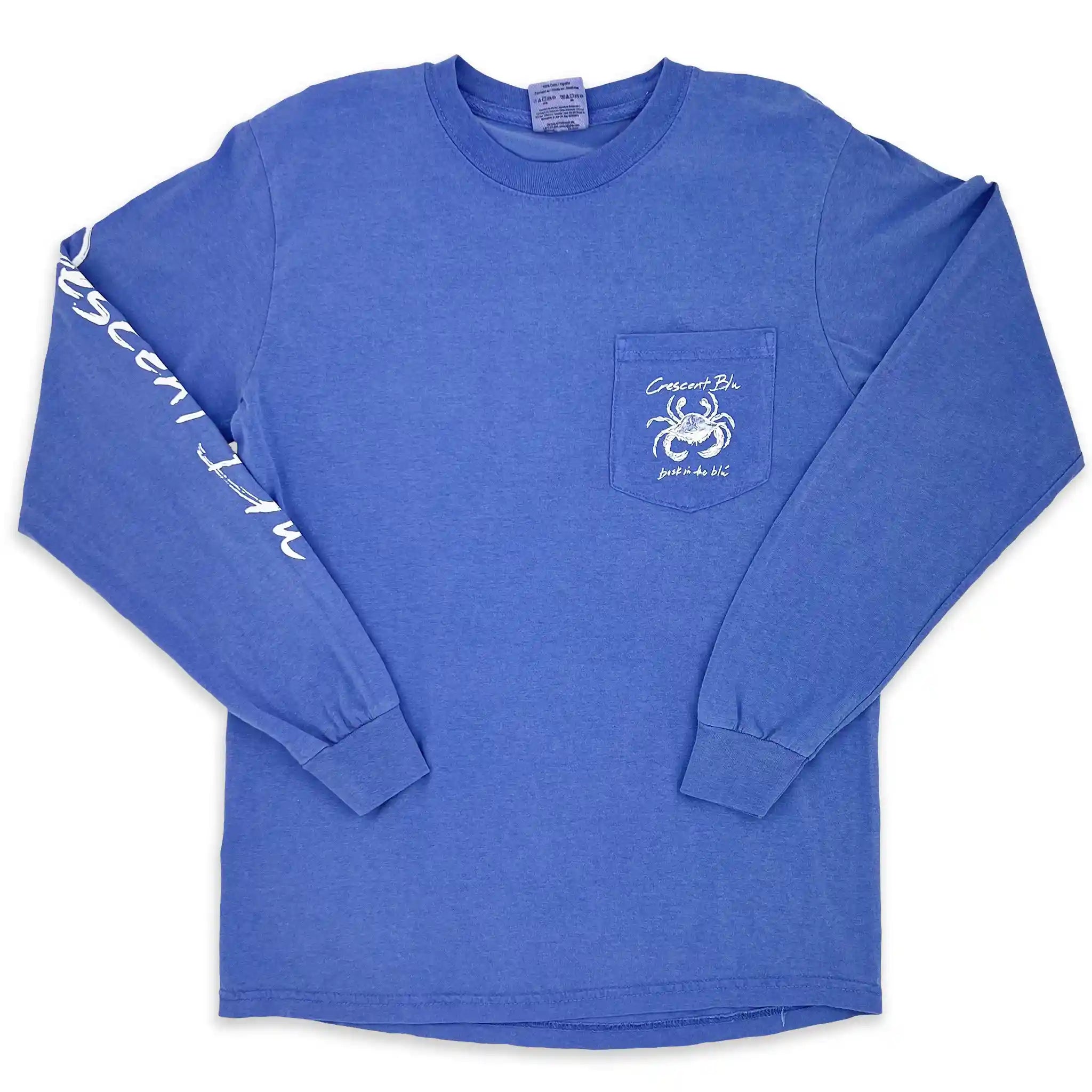 Front view of Crescent Blú Sneaux Crab long sleeve tee in flo blue