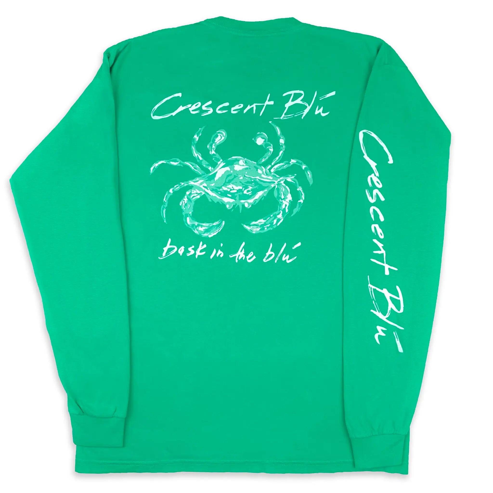 Back view of Crescent Blú Sneaux Crab long sleeve tee in island green
