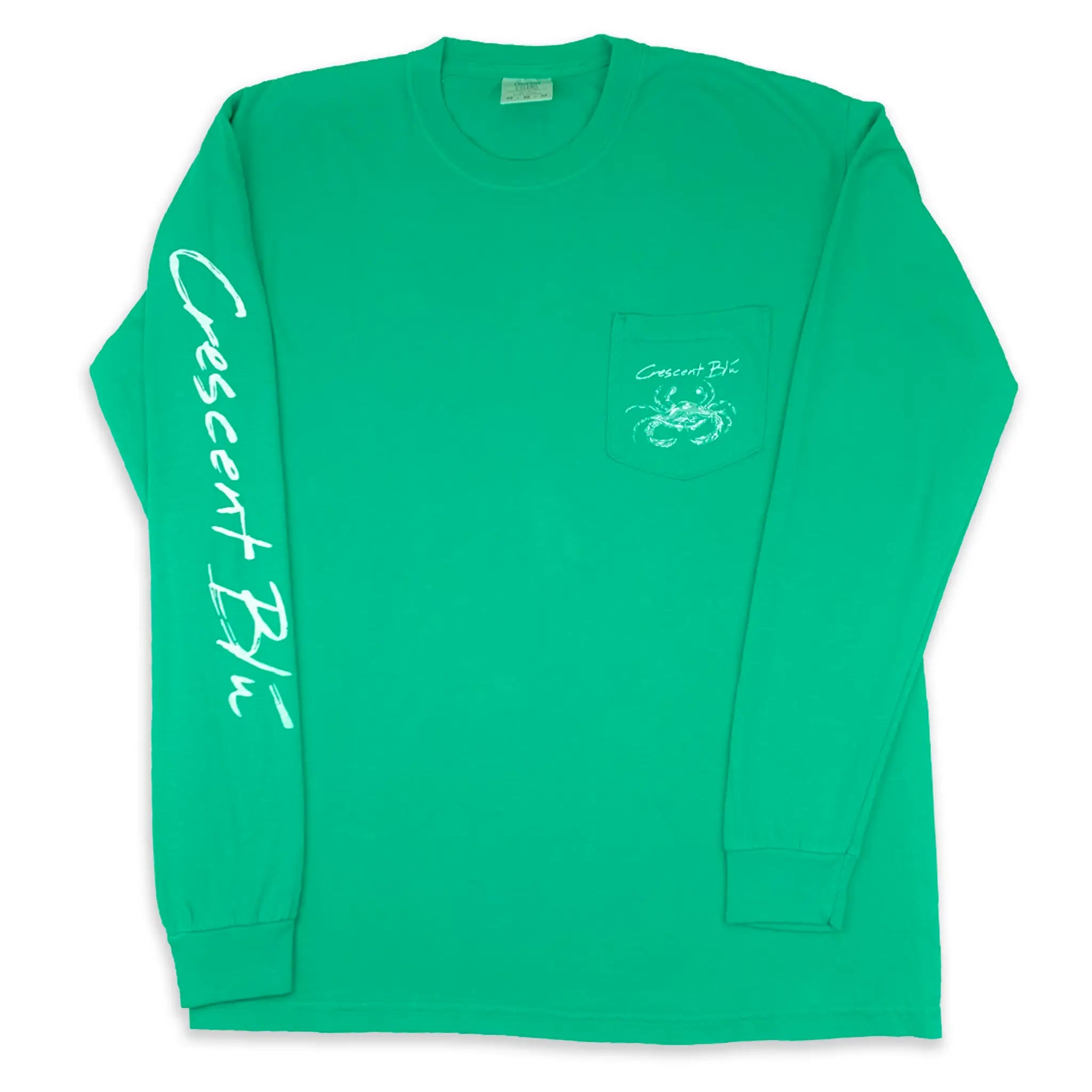 Front view of Crescent Blú Sneaux Crab long sleeve tee in island green