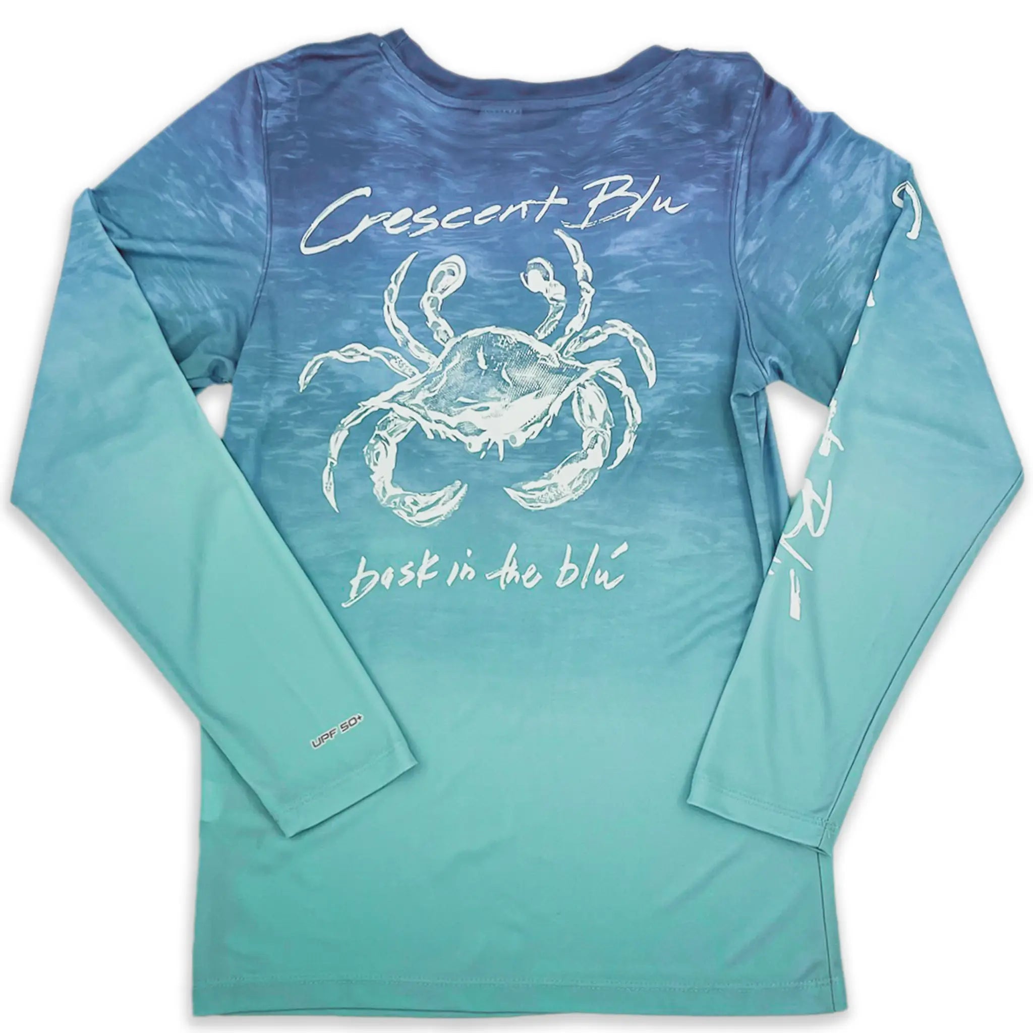 Back view of Crescent Blú Sneaux Crab long sleeve sun shirt with oceanic blue-to-aqua fade