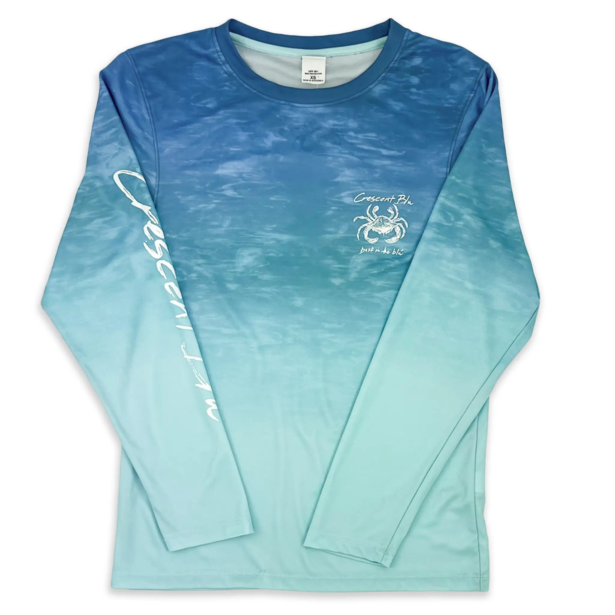 Front view of Crescent Blú Sneaux Crab long sleeve sun shirt with oceanic blue-to-aqua fade