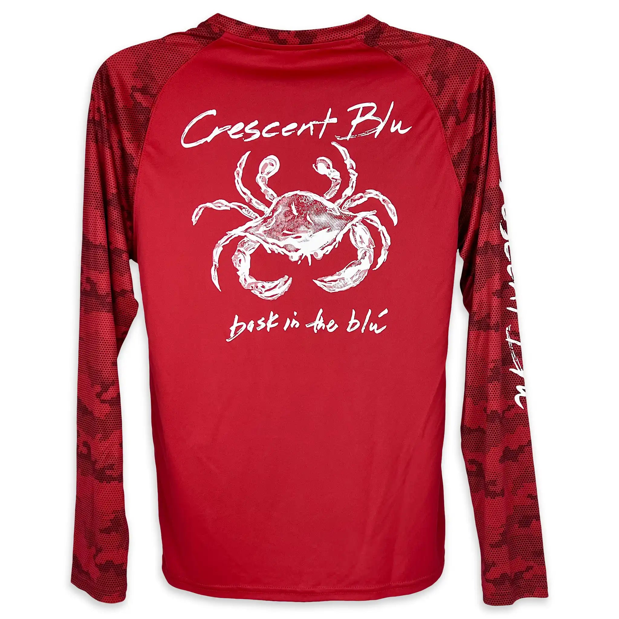 Back view of Crescent Blú Sneaux Crab long sleeve red sun shirt with Hex Camo pattern