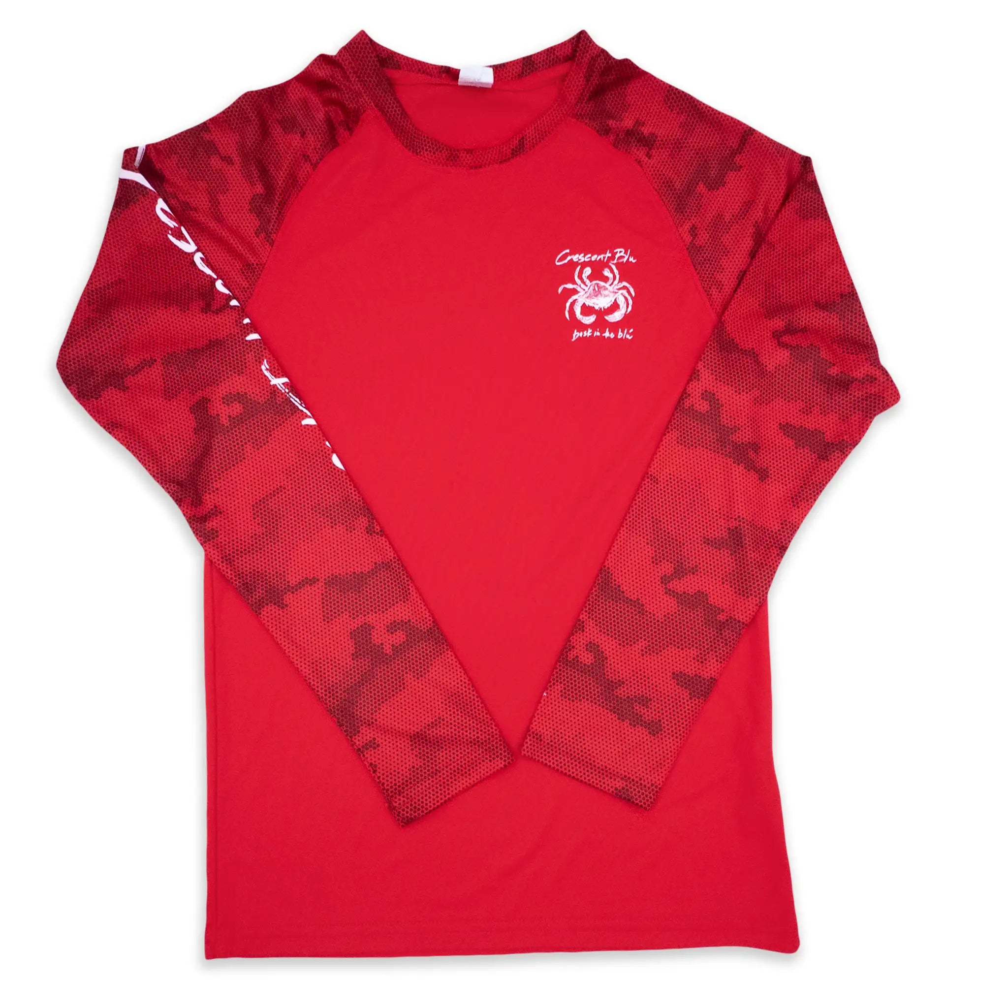 Red long-sleeve UPF UV sun shirt with camouflage sleeves and a white sneaux crab on the left chest