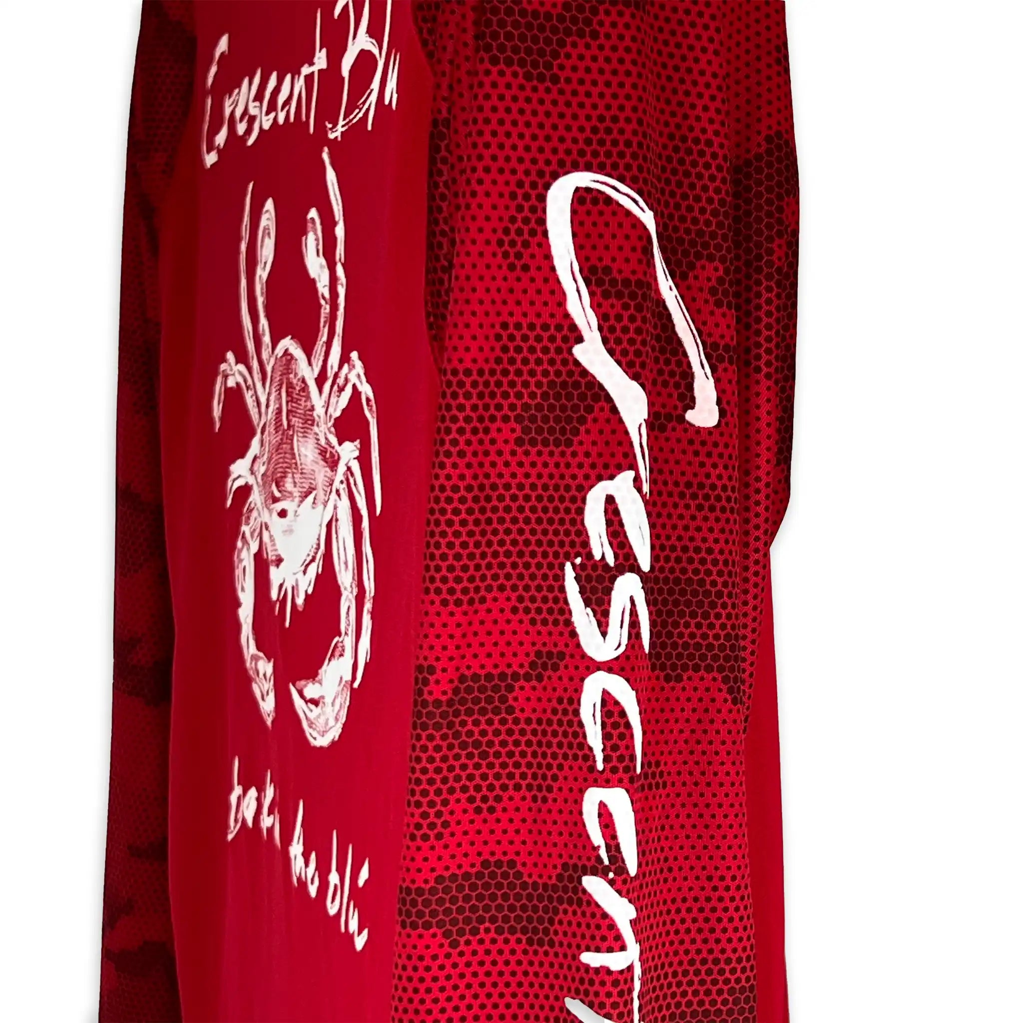 Side view of Crescent Blú Sneaux Crab long sleeve red sun shirt with Hex Camo pattern