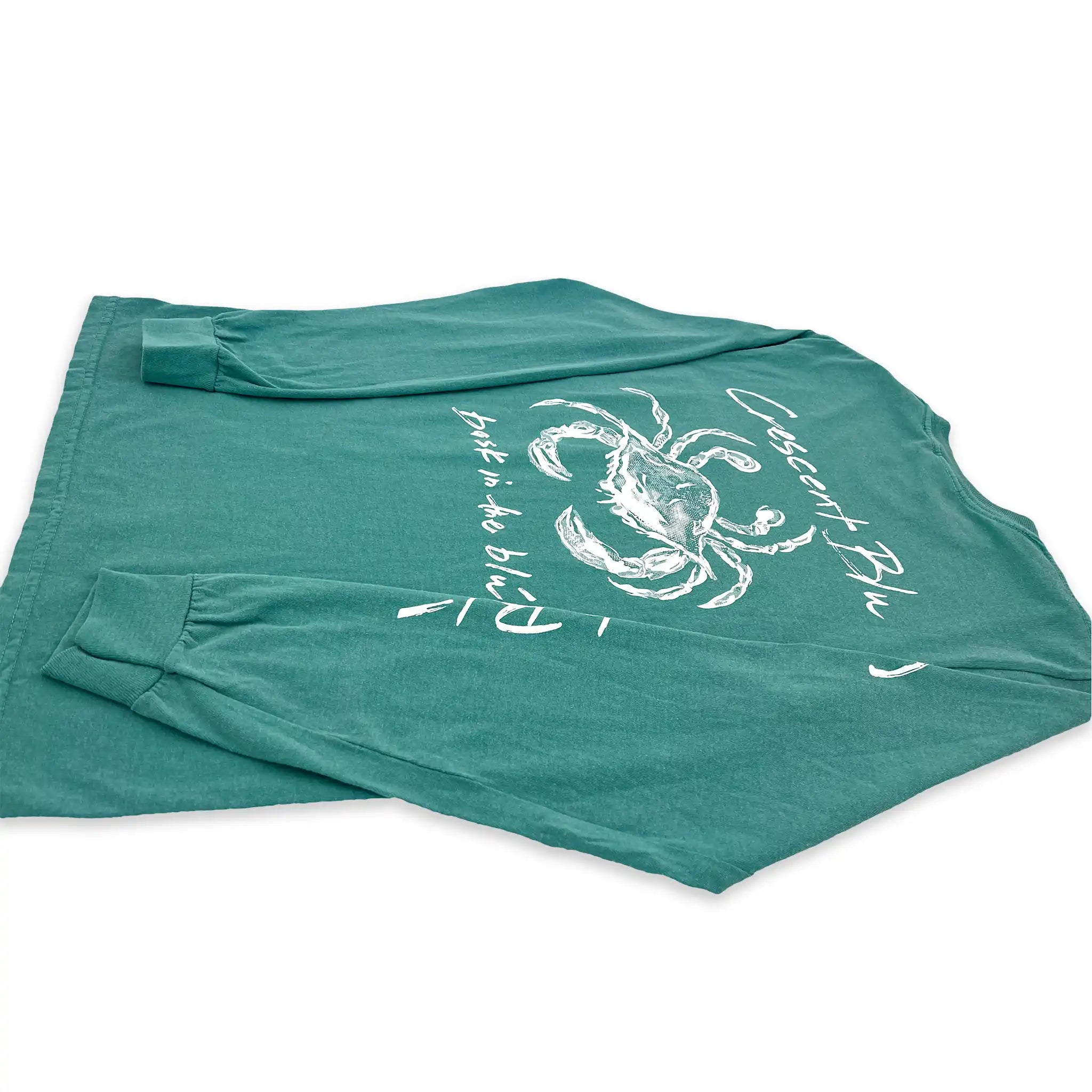 Back angled view of Crescent Blú Sneaux Crab long sleeve tee in seafoam green